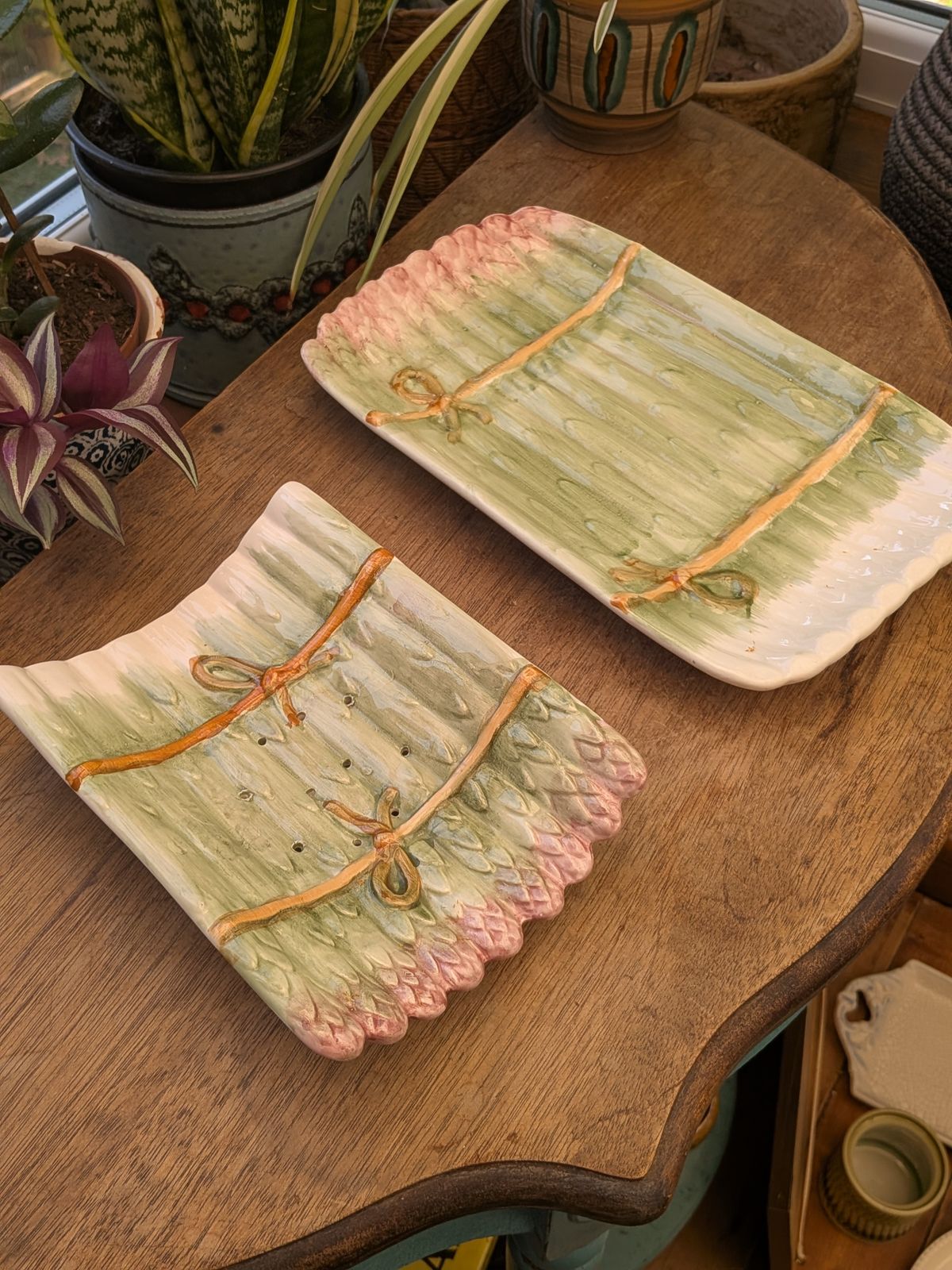 photo for sale Vintage French Hand Painted Majolica Asparagus Cradle With Serving Plate 1313g