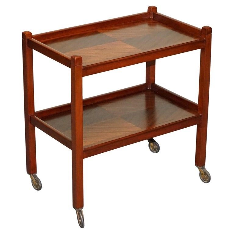 1960s Vintage Two Tier Wooden Tea Trollet On Brass Casters