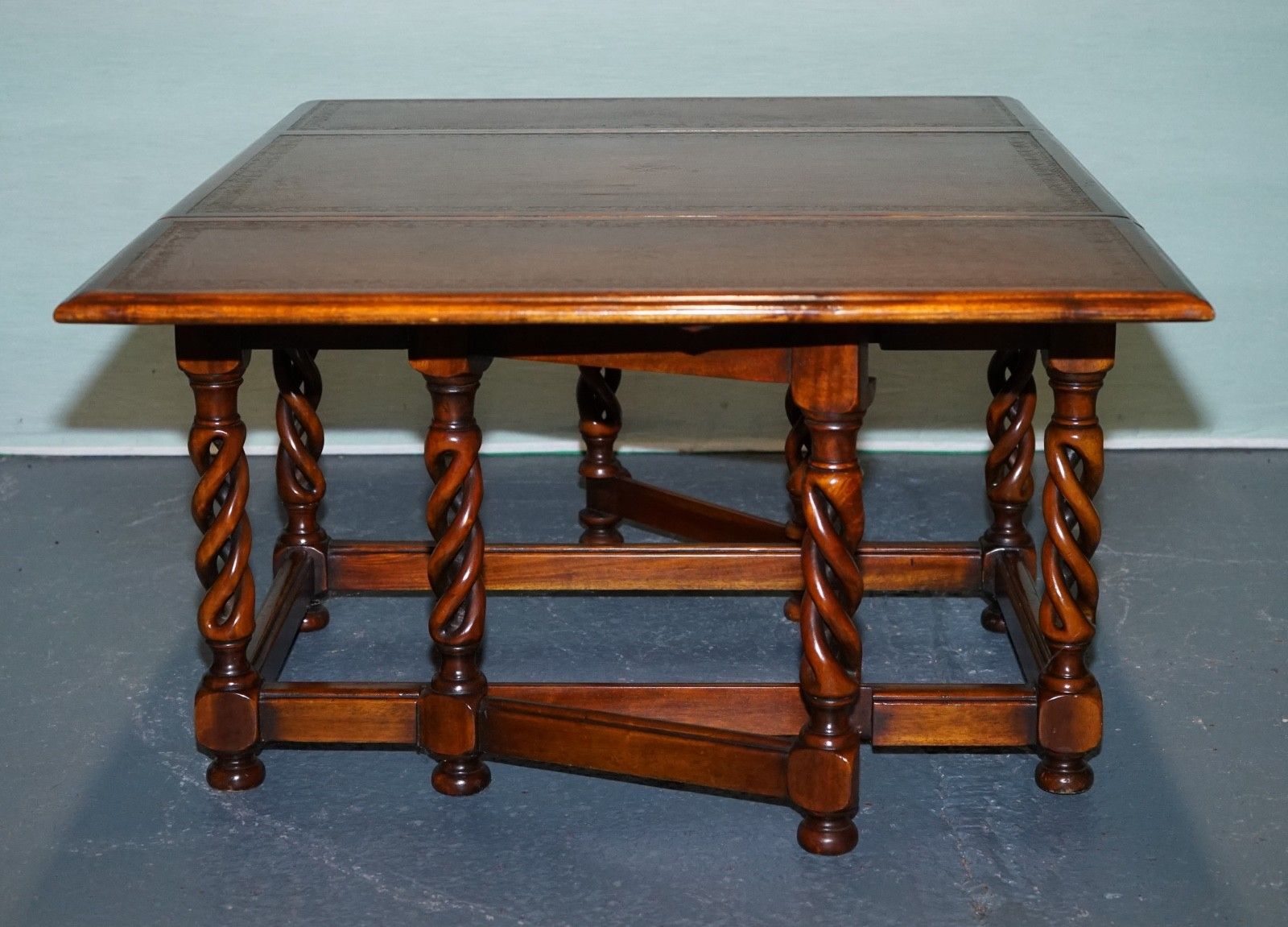 1650.0 Elegant Theodore Alexander Drop Leaf Barley Twist Table With Leather Top photo