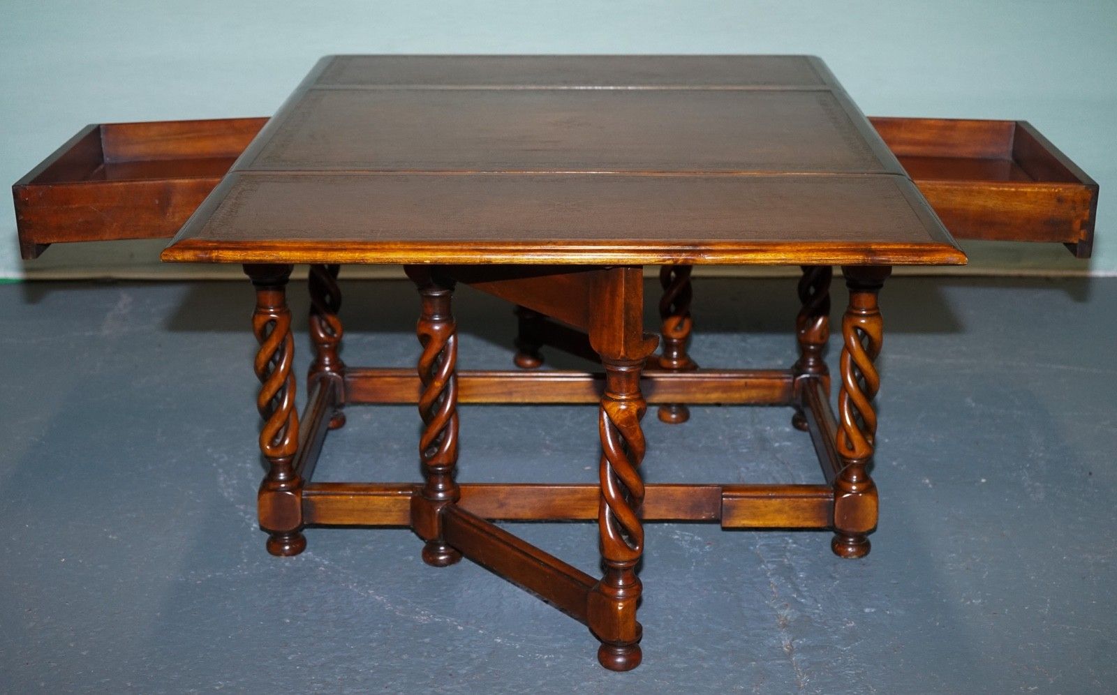 photo buy Elegant Theodore Alexander Drop Leaf Barley Twist Table With Leather Top