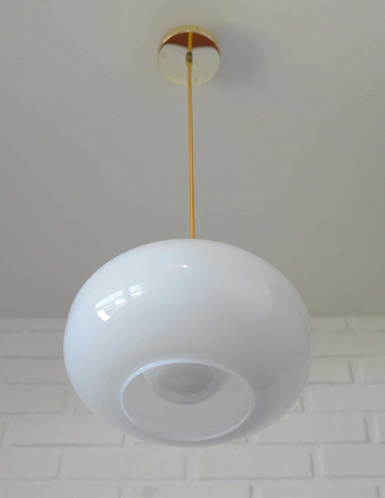 Vintage White Pendant Lamp / Redesign Ceiling Light / Mid Century Modern Yugoslavia 1970s / Hand Blown Glass / Ufo Light Fixture / Space Age photo 210.0