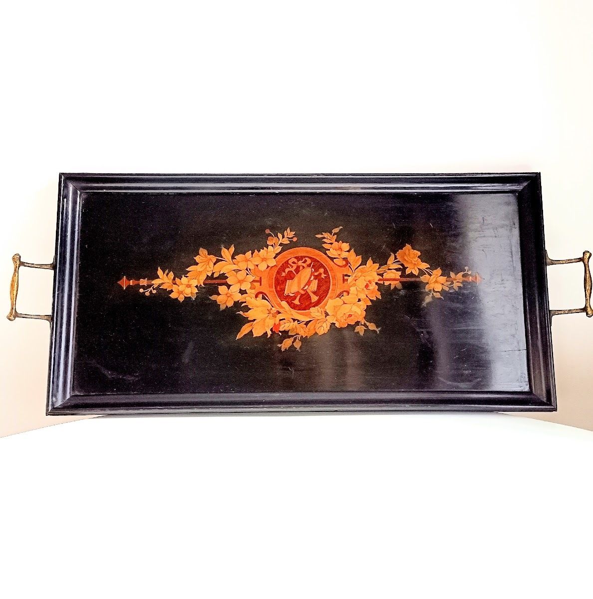 Antique Belle Epoque Marquetry Wooden Tray Drum And Horn Motif With Brass Handle