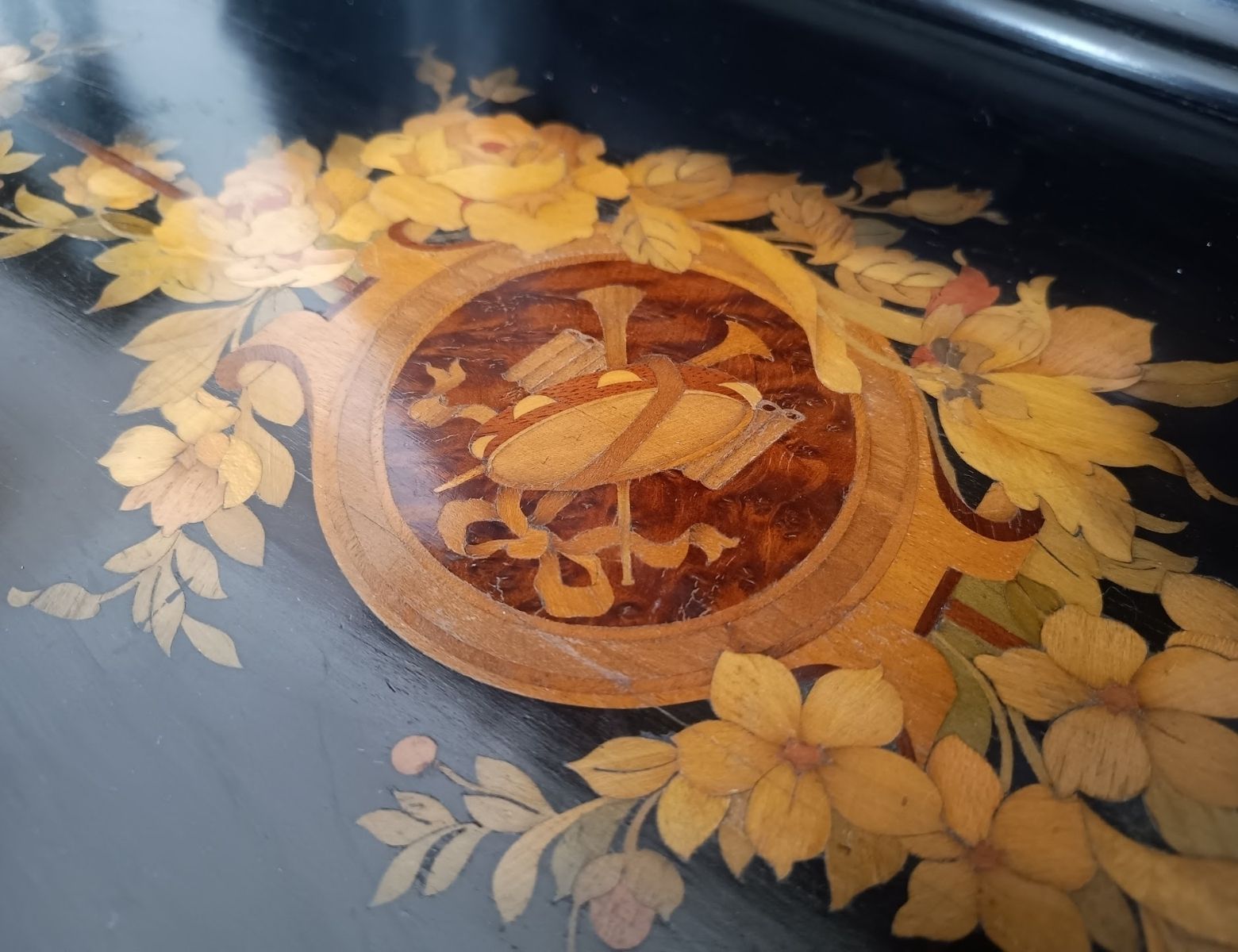Antique Belle Epoque Marquetry Wooden Tray Drum And Horn Motif With Brass Handle photo vintage
