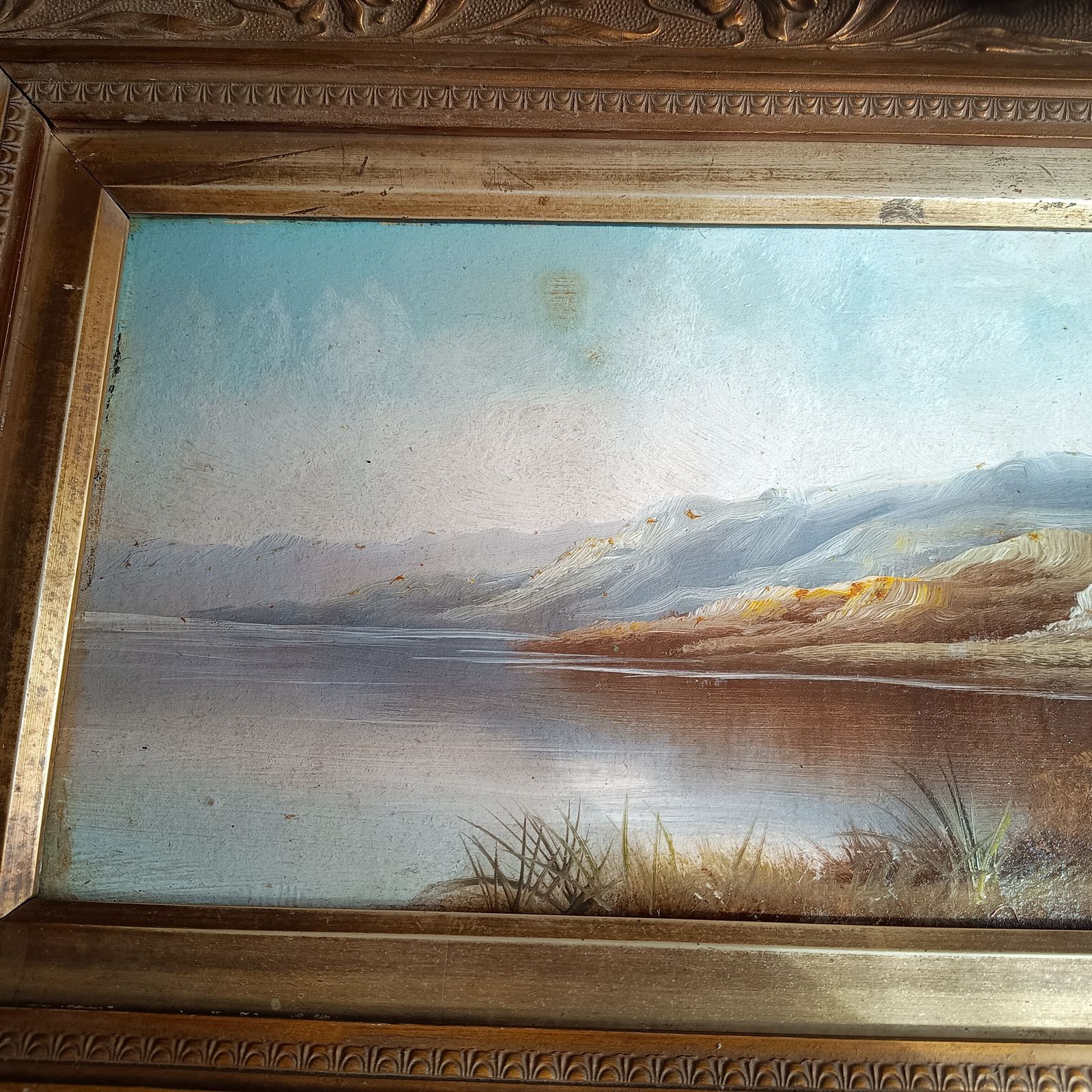 Framed Oil On Board Misty Riverside Scene, Scottish School, Art Nouveau Frame 1906 photo for sale