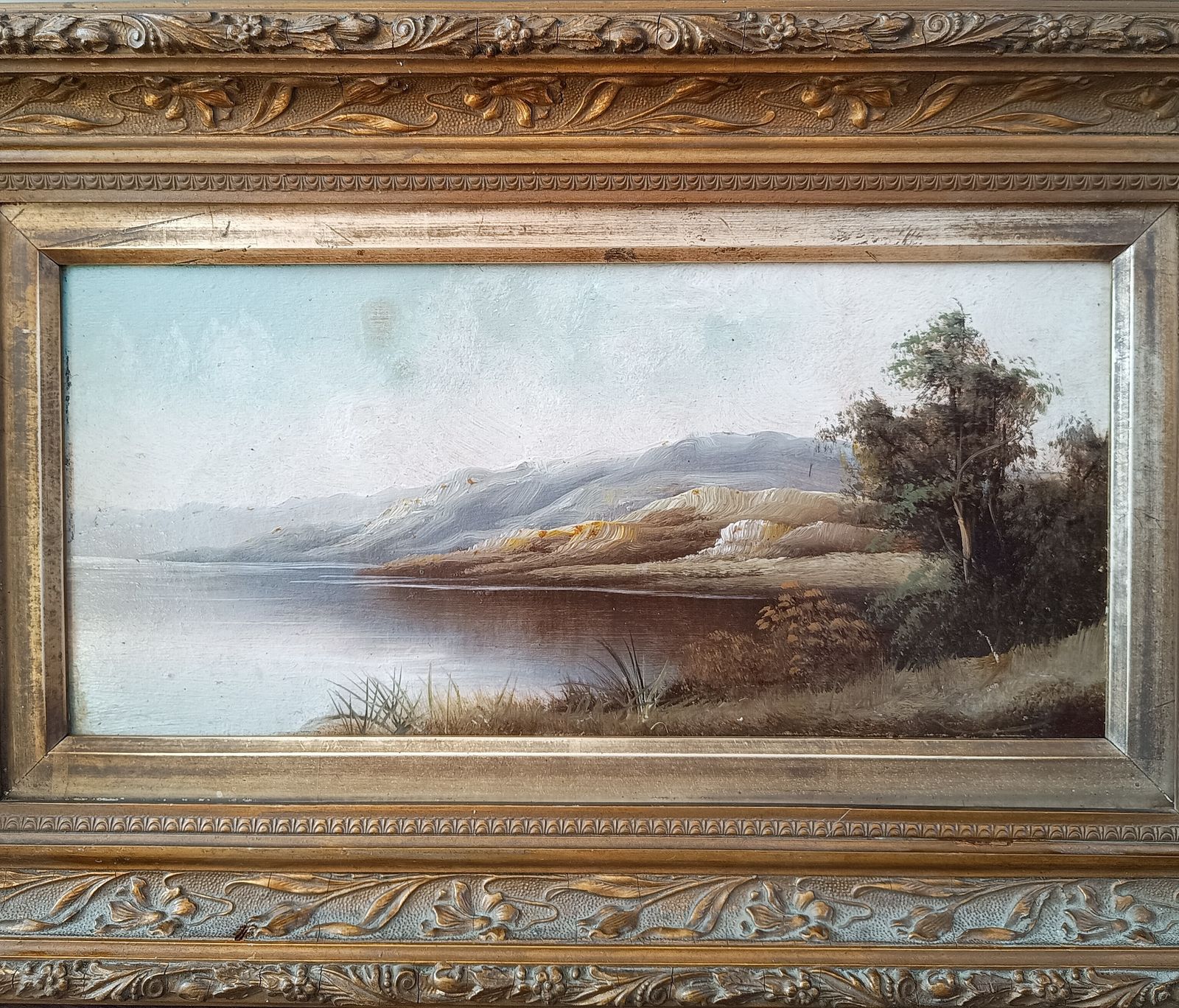 Framed Oil On Board Misty Riverside Scene, Scottish School, Art Nouveau Frame 1906 photo vintage