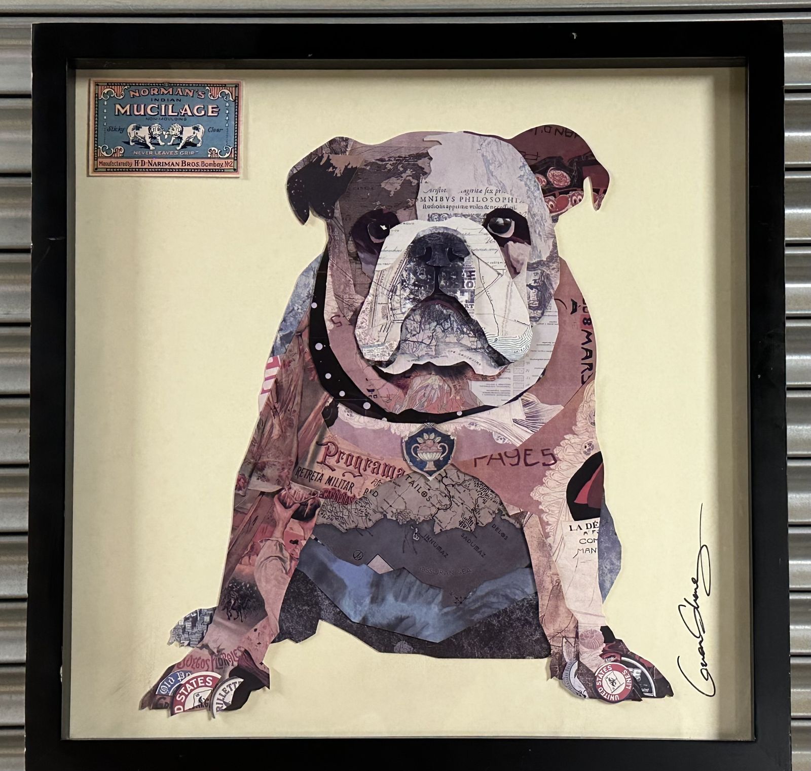 Large Framed Three Dimensional Layered Collage Of An English Bulldog photo for sale