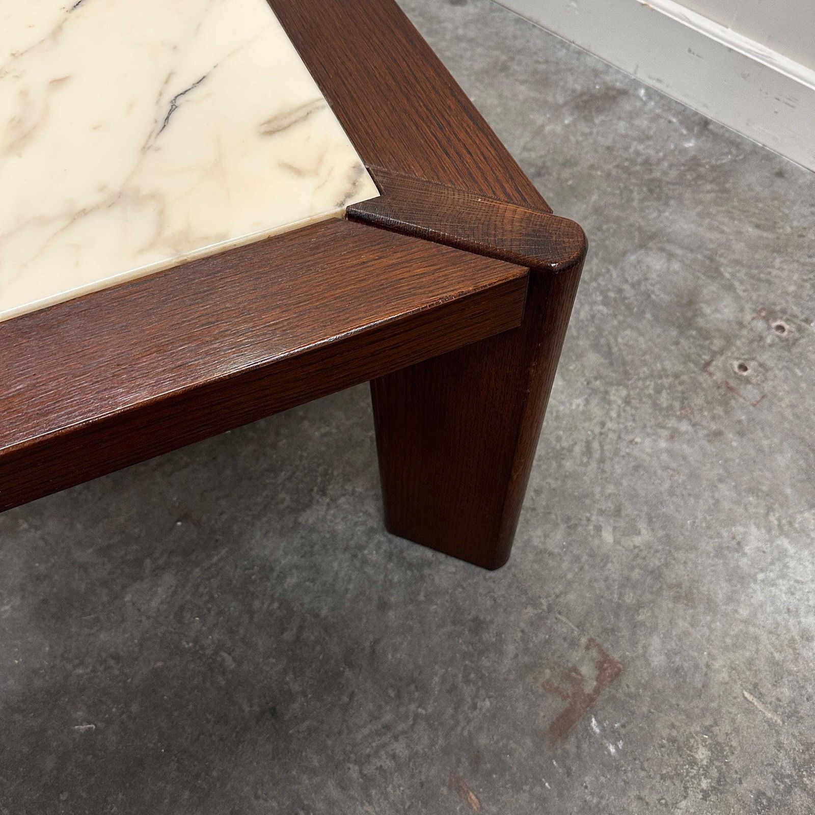 Large 1970s Belgian Oak Coffee Table With Breccia Marble Top – Signed And Dated 1976 photo vintage