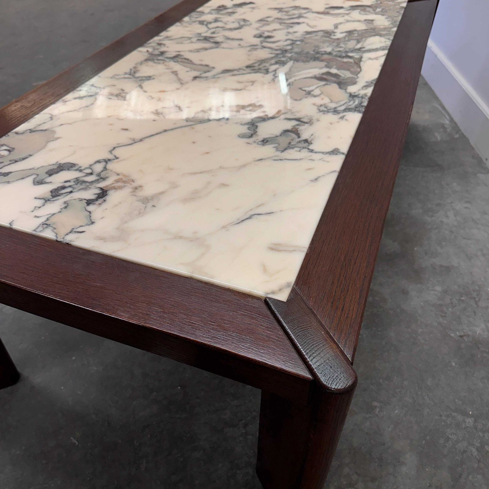 photo for sale Large 1970s Belgian Oak Coffee Table With Breccia Marble Top – Signed And Dated 1976