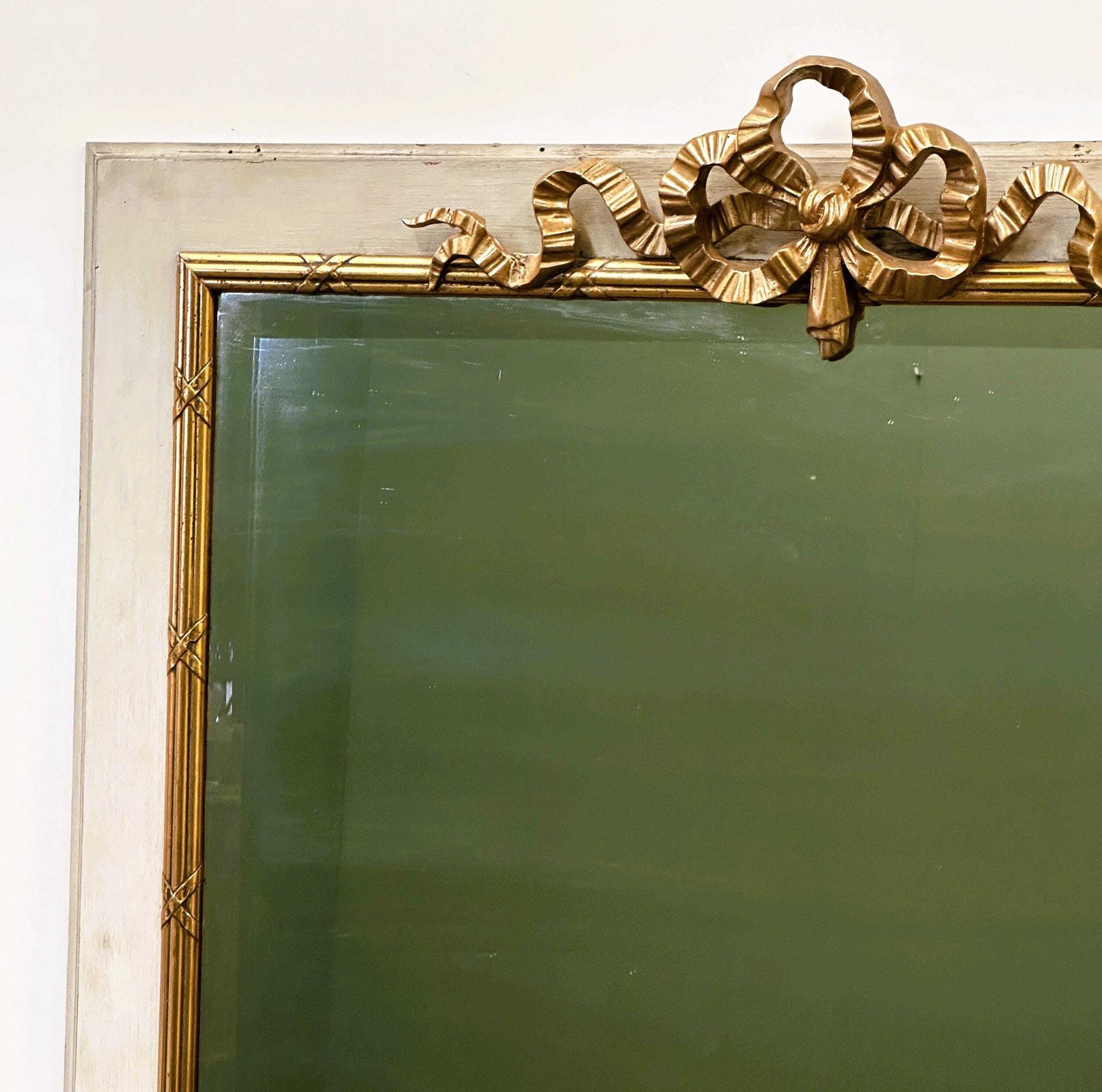Massive 19th Century French Neoclassical Painted Mirror With Gilt Ribbon Crest – 165cm High Statement Piece photo furniture