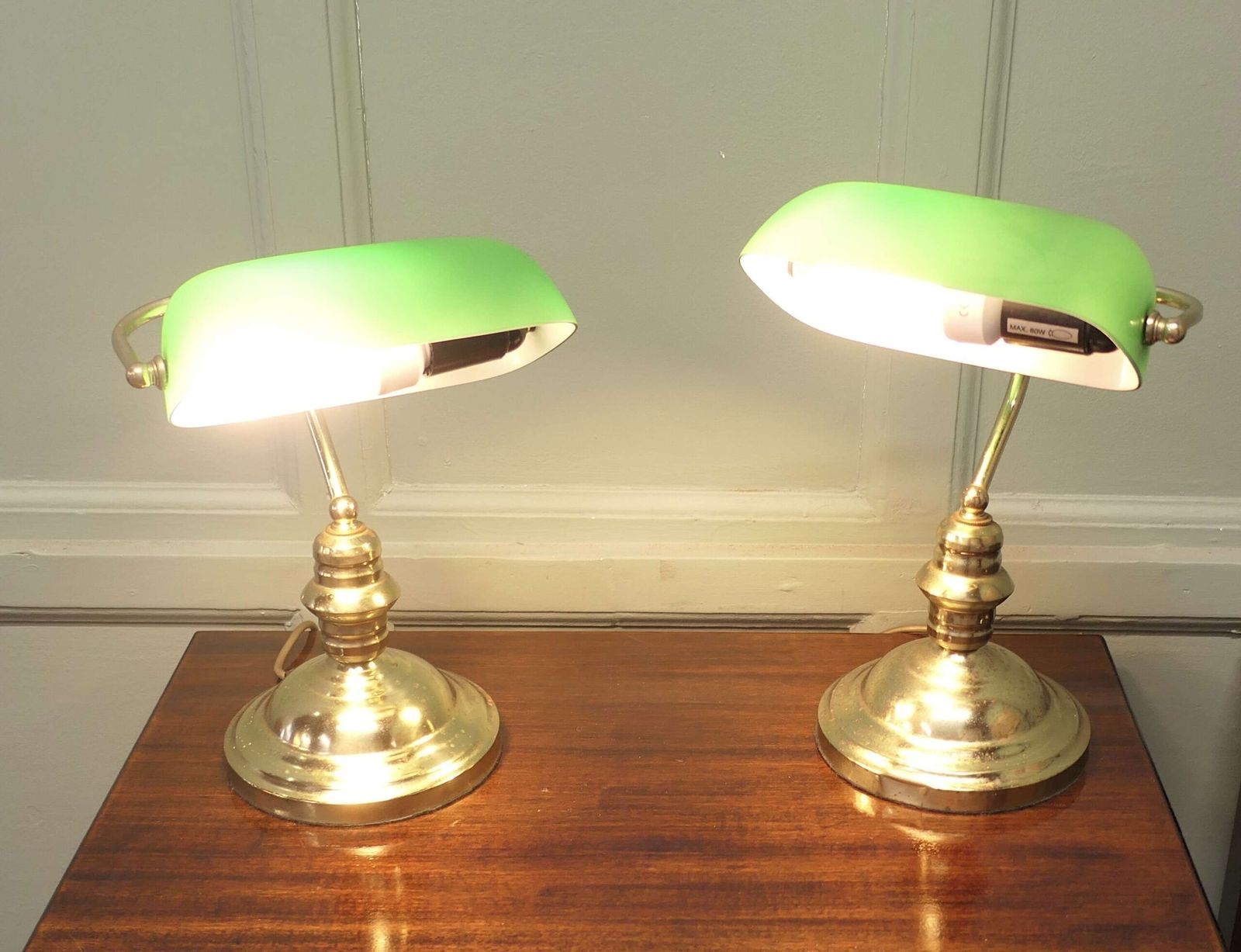 A Pair Of Brass And Green Glass Banker’s Lamps photo Lighting
