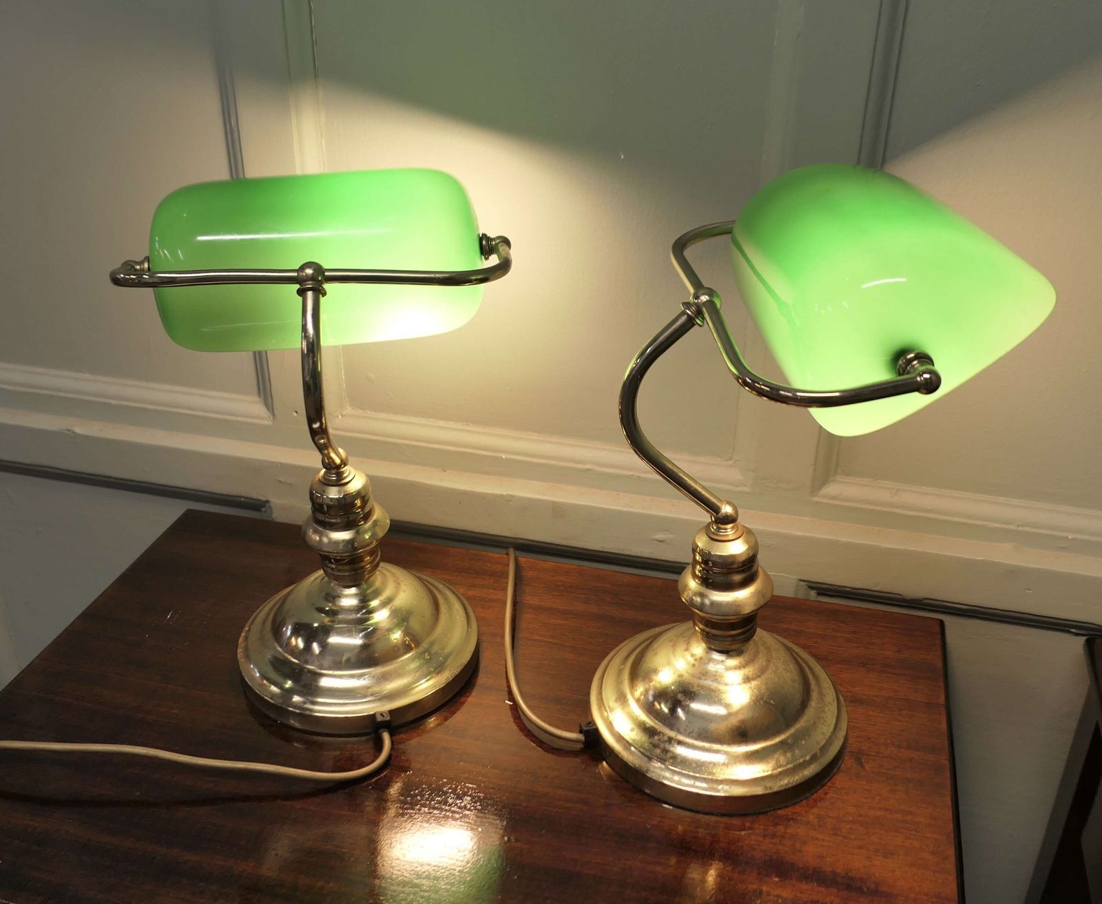 A Pair Of Brass And Green Glass Banker’s Lamps photo buy