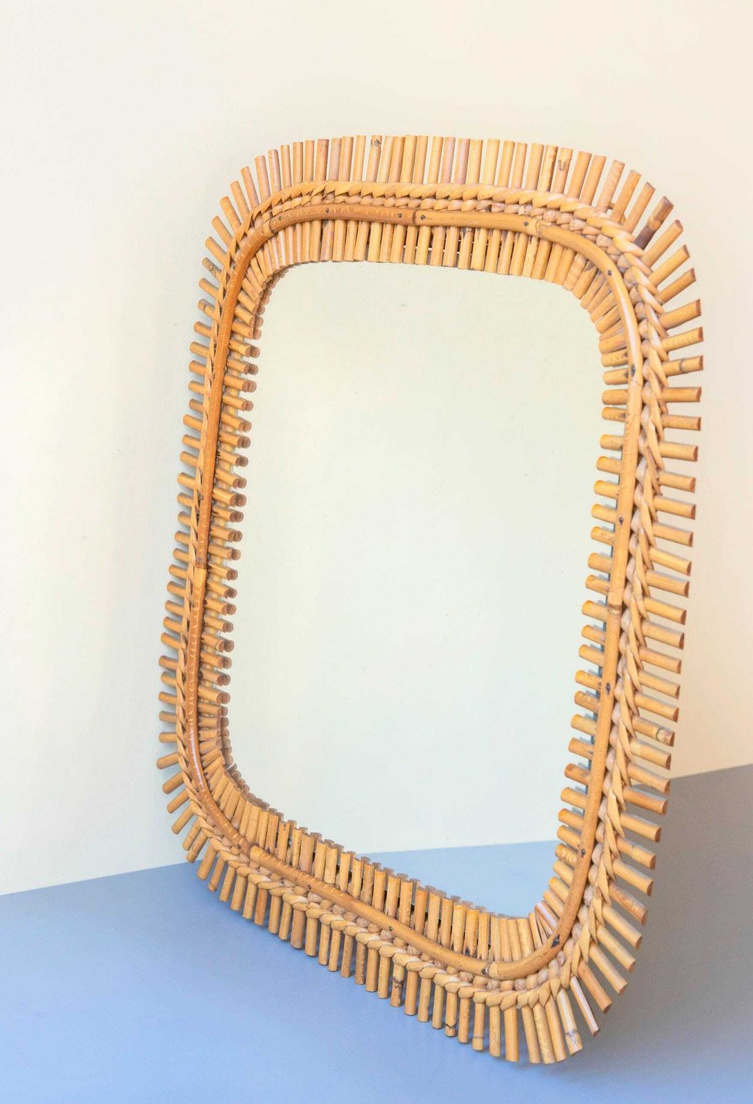 photo furniture Italian Bamboo Mirror, Franco Albini, Mid Century Square Rattan Mirror, 1960s Design, Bonacina, Made In Italy