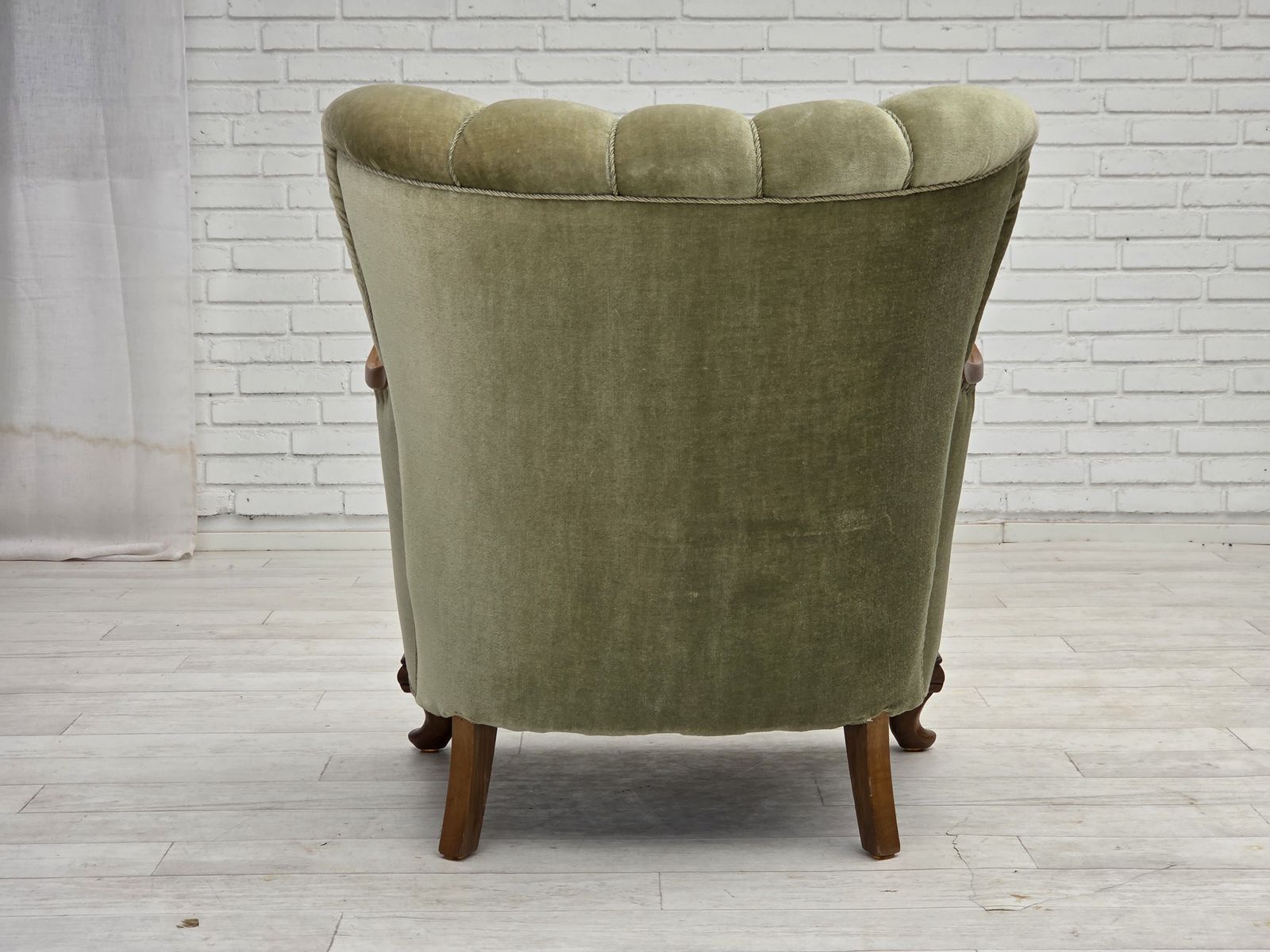 1960s, Danish Armchair, Green Furniture Velour, Carved Oak Wood. photo Furniture
