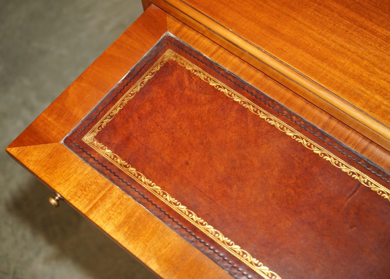 photo for sale Lovely Walnut Brown Leather Military Campaign Nightstand Drawers Or Side Table