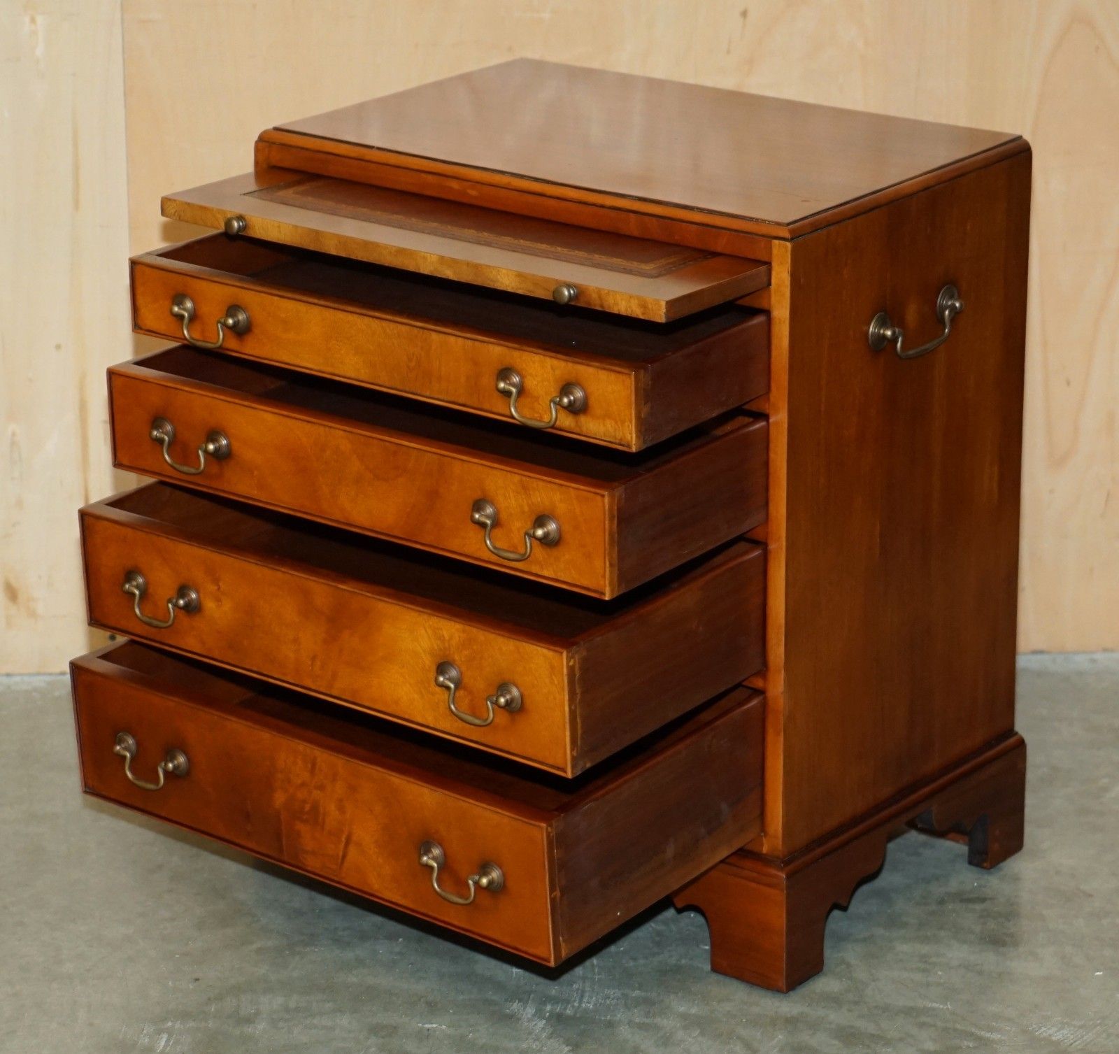 Furniture Pair Of Walnut Brown Leather Military Campaign Nightstand Drawers Or Side Tables photo