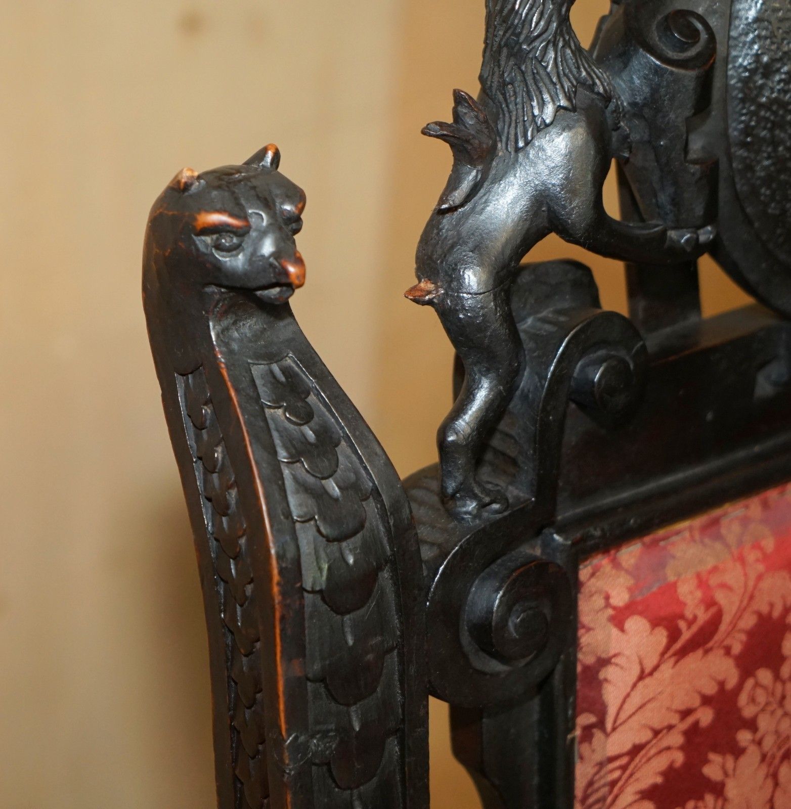 Hand Carved Antique French Empire Griffin Armorial Crest Coat Of Arms Armchair photo buy