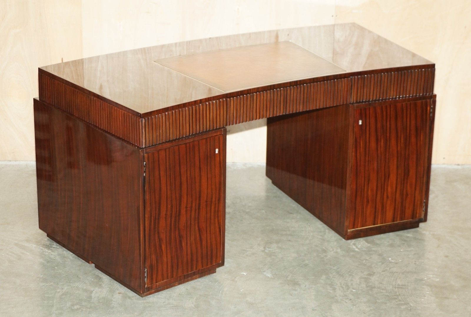Ralph Lauren Metropolis Macassar & Brown Leather French Art Deco Curved Desk photo furniture