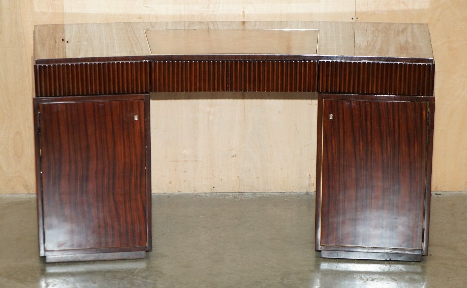 Ralph Lauren Metropolis Macassar & Brown Leather French Art Deco Curved Desk photo for sale