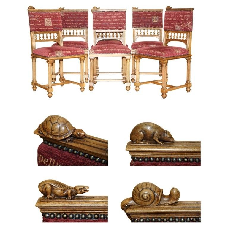 Six Antique French Walnut Dining Chairs Depicting A Frog Snail Lizard Tortoise