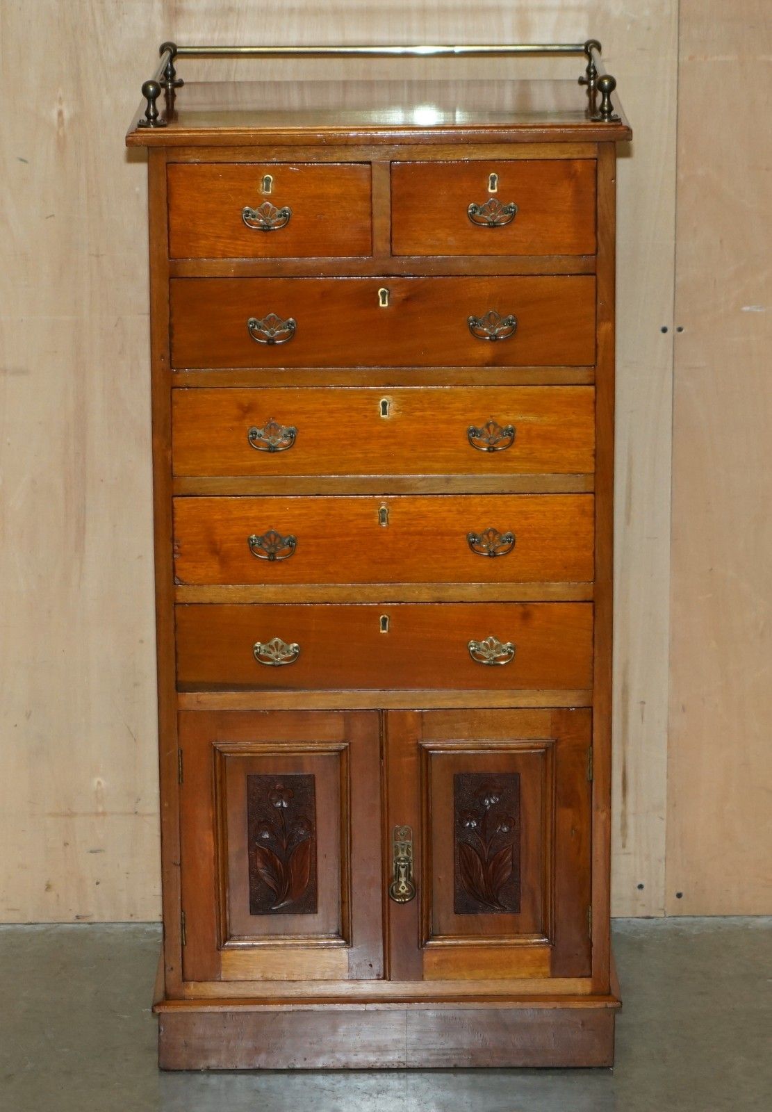 Victorian Walnut Hand Carved Tallboy Chest Of Drawers Cupboard With Gallery Rail photo for sale
