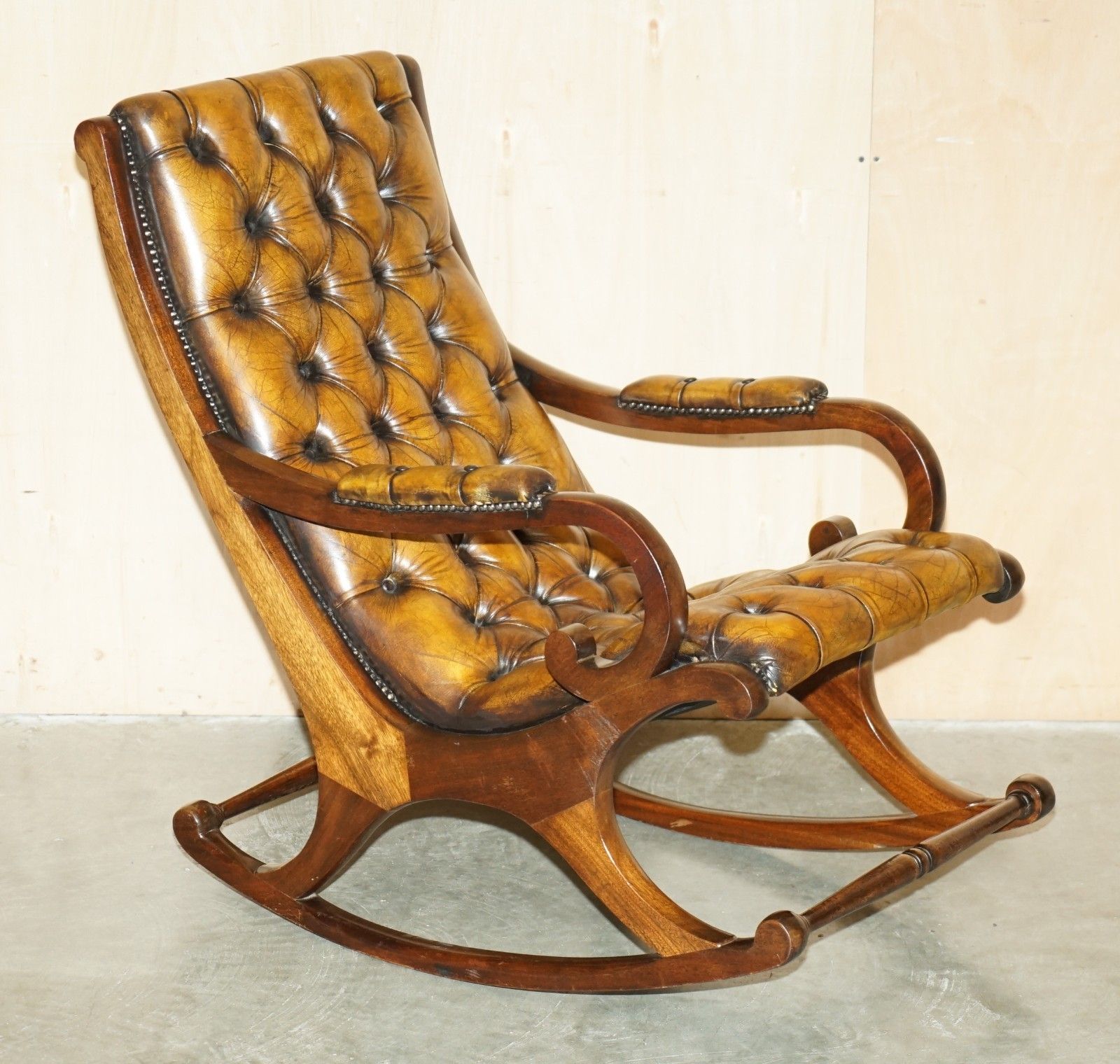 Vintage Fully Restored Hand Dyed Brown Leather Chesterfield Rocking Armchair photo furniture