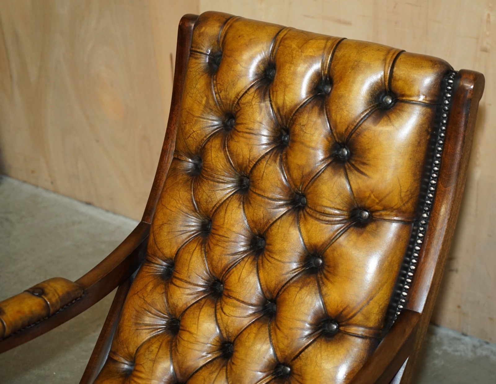 Vintage Fully Restored Hand Dyed Brown Leather Chesterfield Rocking Armchair photo 2350.0