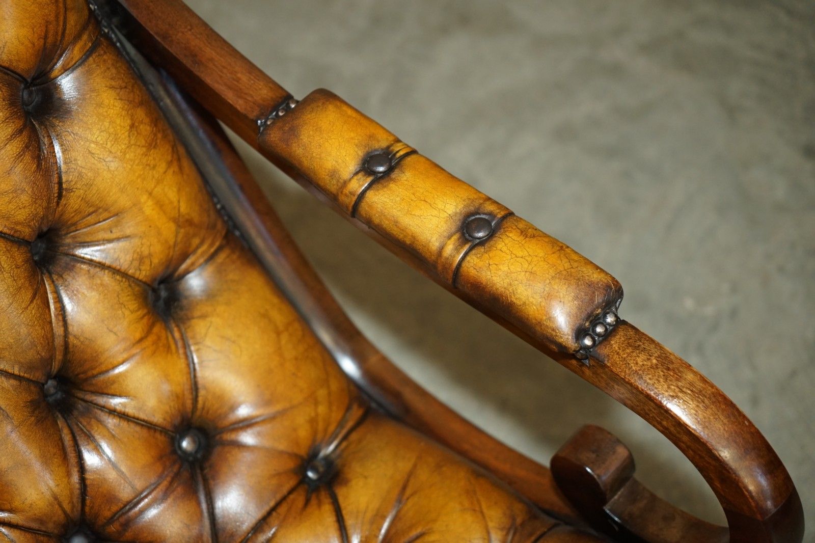 photo for sale Vintage Fully Restored Hand Dyed Brown Leather Chesterfield Rocking Armchair