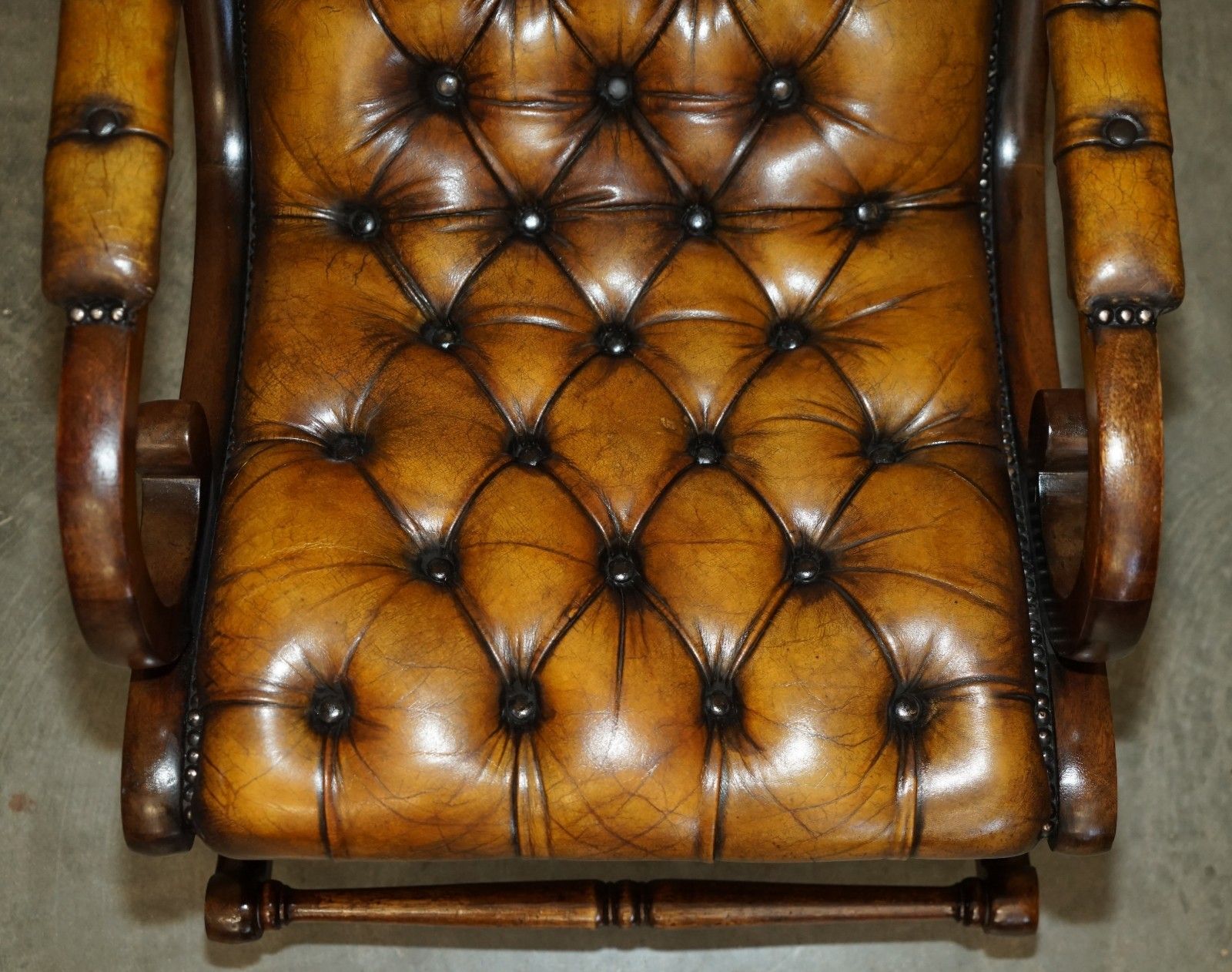 Furniture Vintage Fully Restored Hand Dyed Brown Leather Chesterfield Rocking Armchair photo