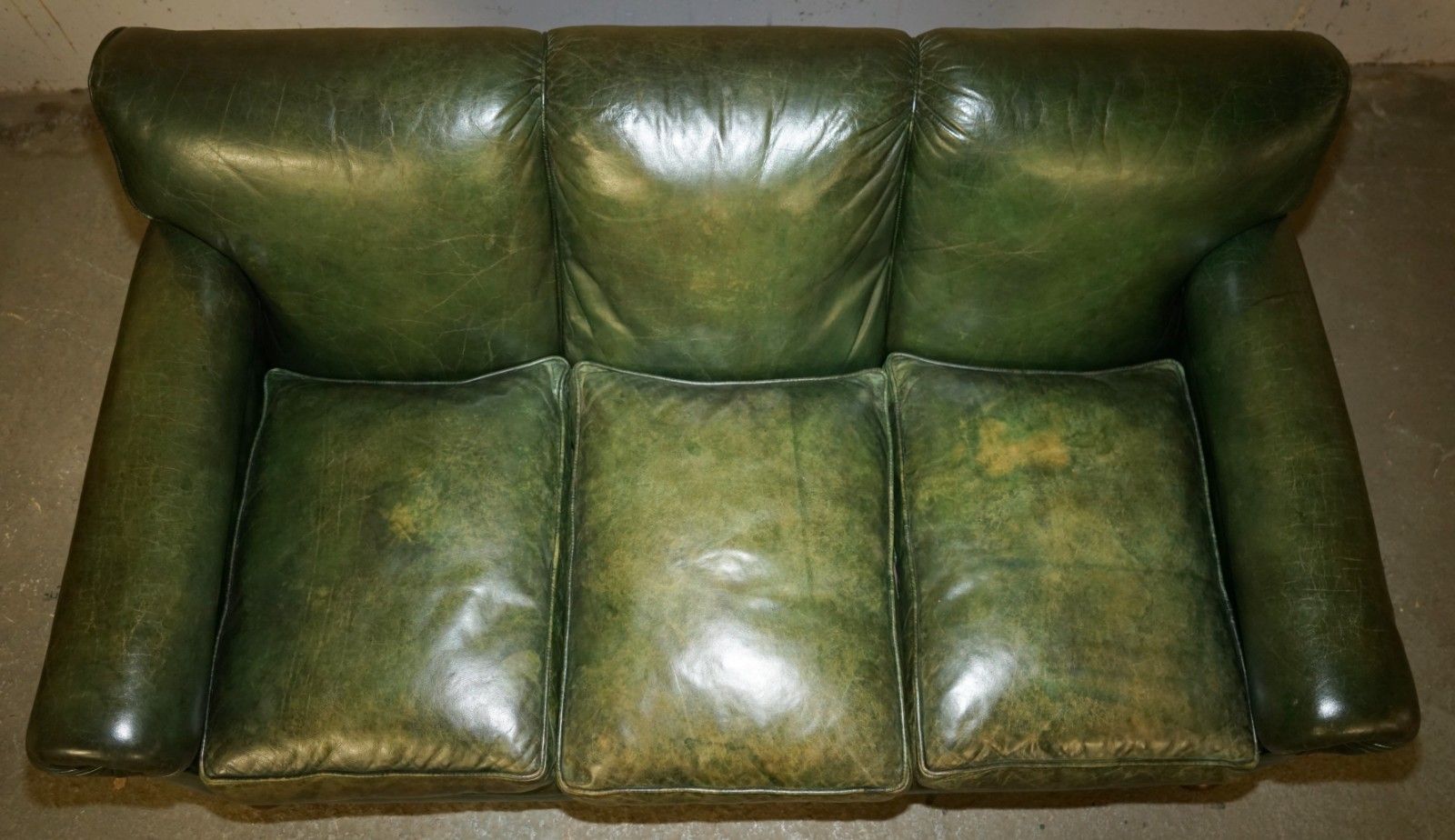 photo buy Original Unrestored Green Leather Maple & Co Stamped Victorian Bolster Arm Sofa