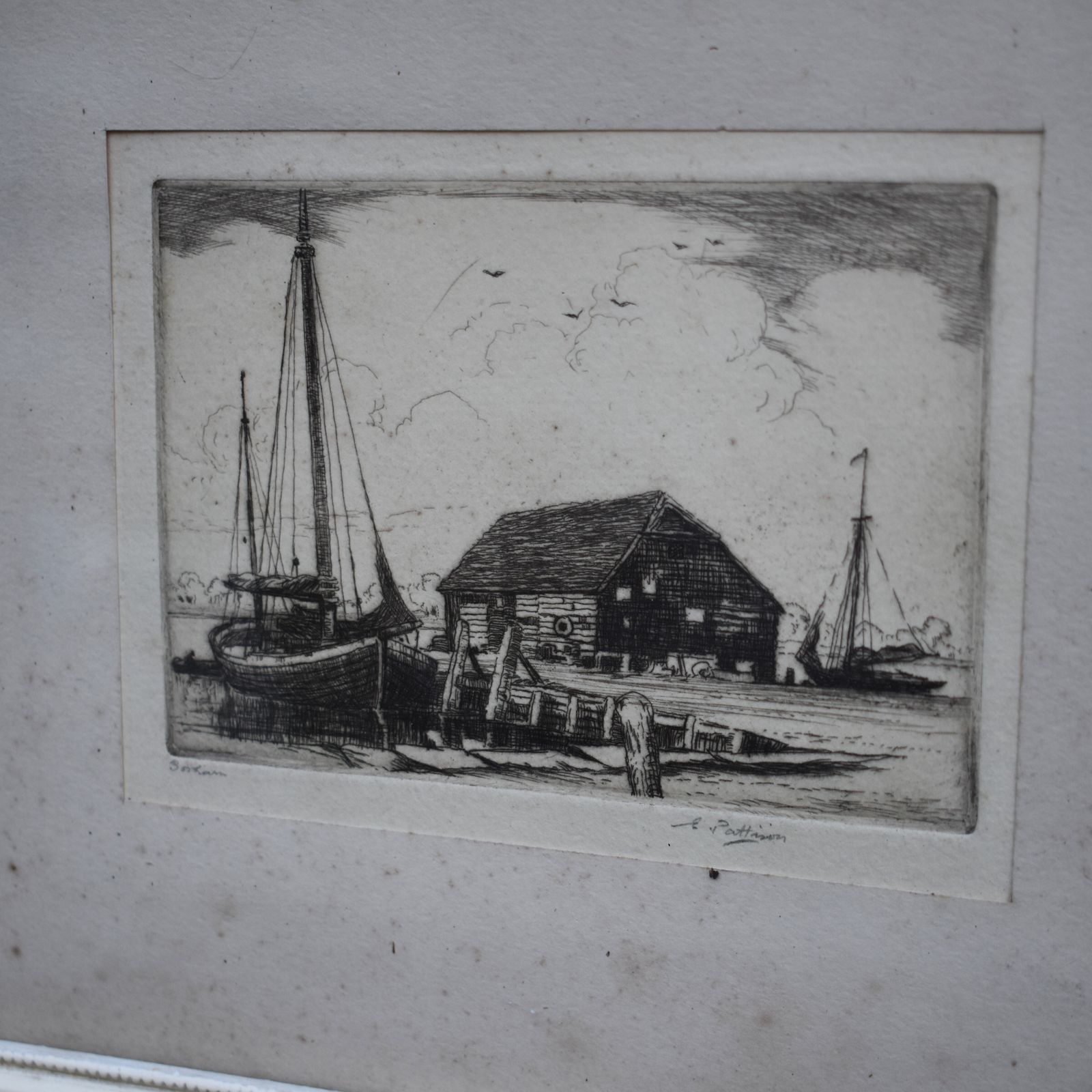 Antique Elgar Pattison Black & White Boatyard Harbour Etching Picture Signed photo buy