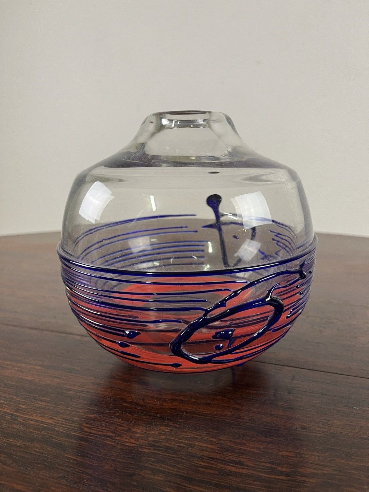 70’s Vintage Design Red Blue Glass Round Vase photo vinterior