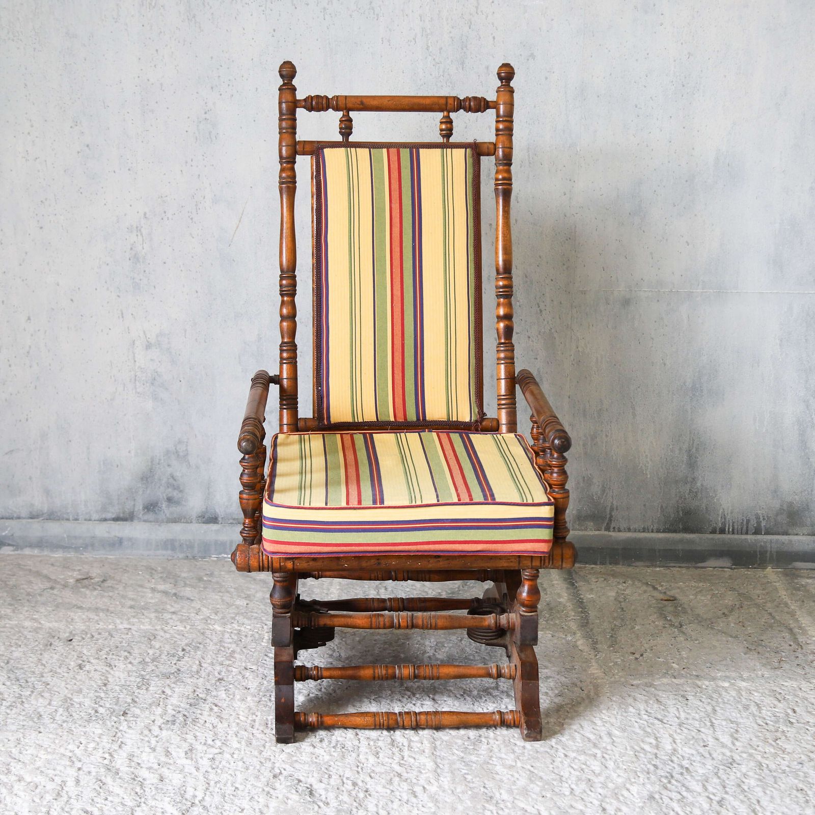 Early 20th Century French Bobbin Rocking Chair With Colourful Striped Upholstery photo furniture