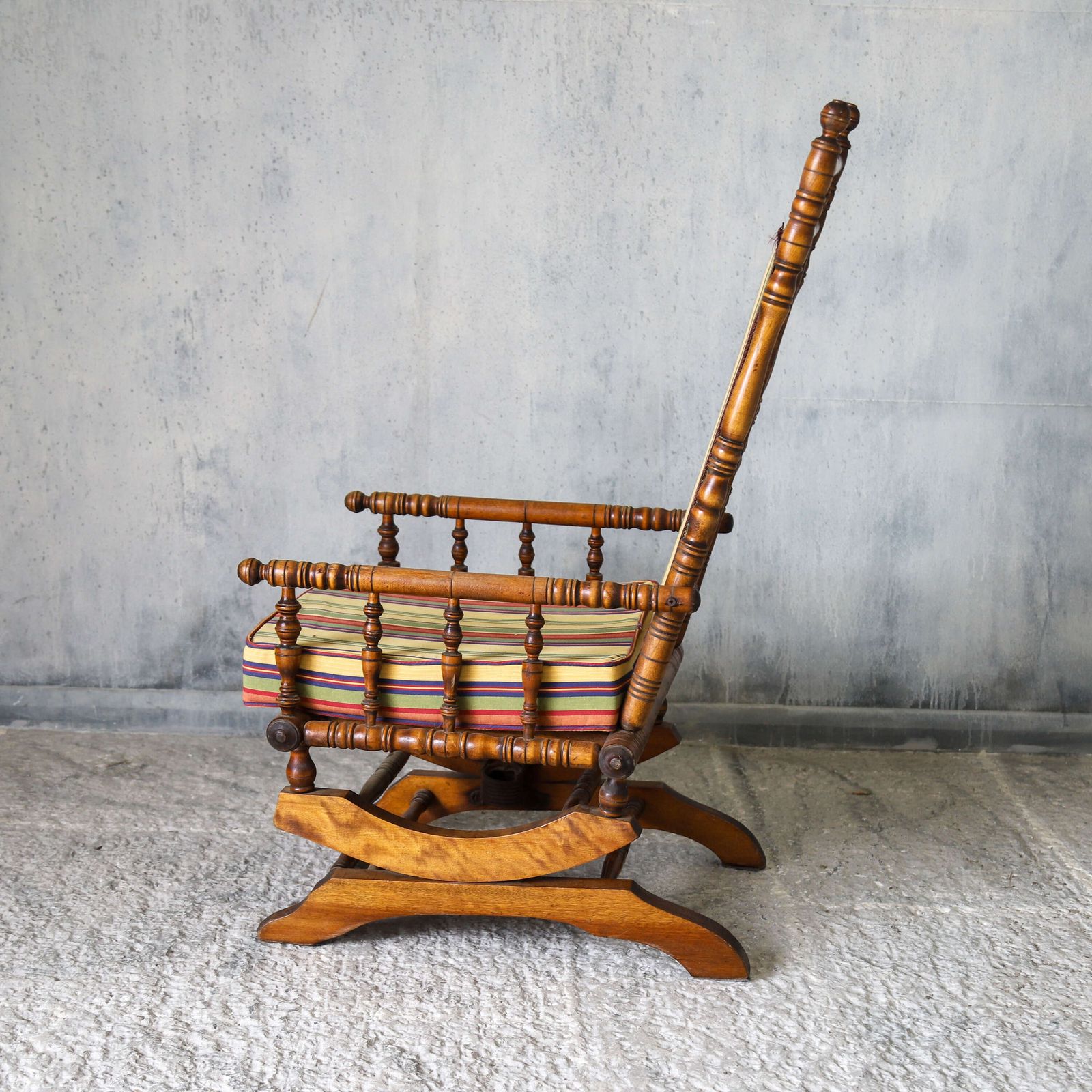 Early 20th Century French Bobbin Rocking Chair With Colourful Striped Upholstery photo vinterior