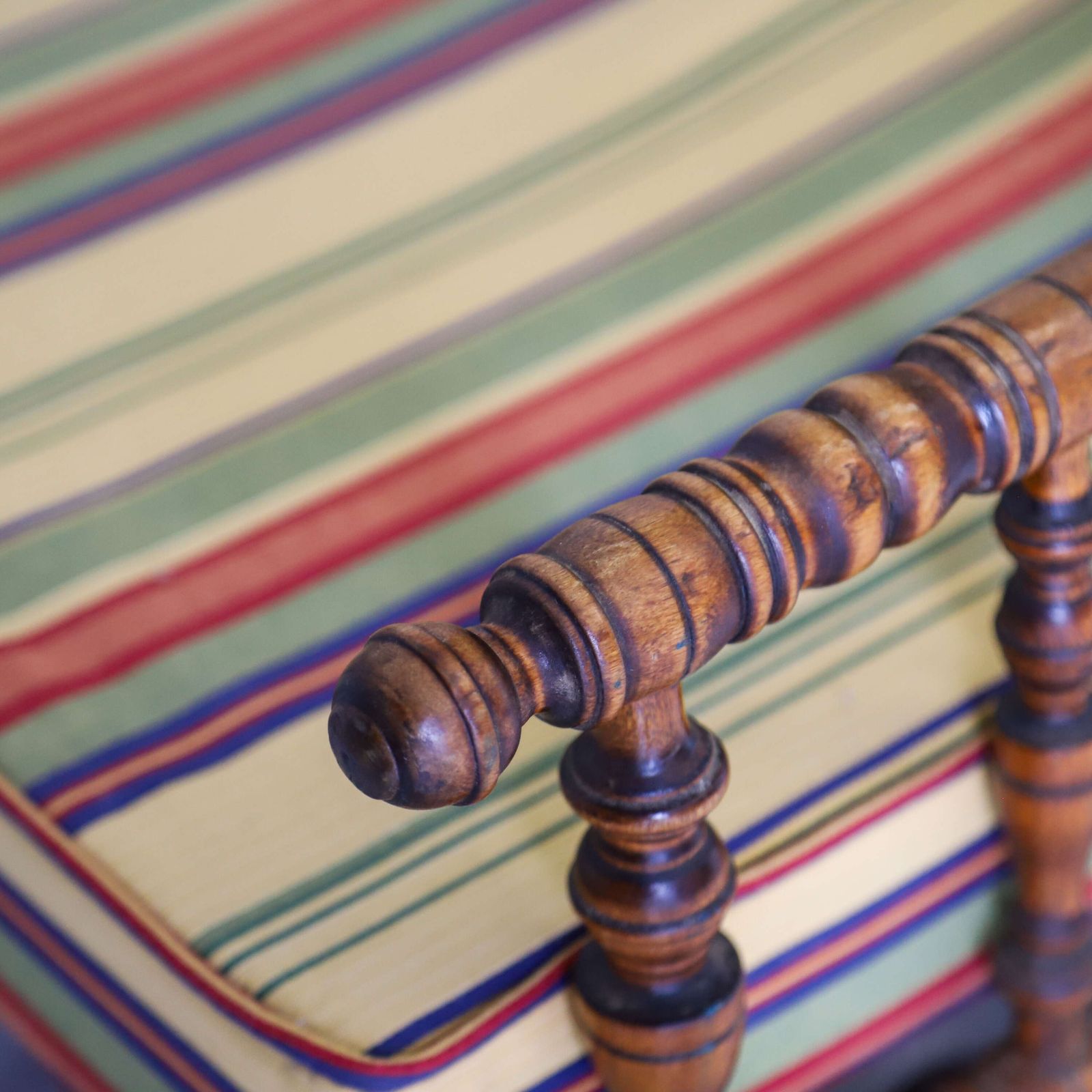 photo furniture Early 20th Century French Bobbin Rocking Chair With Colourful Striped Upholstery