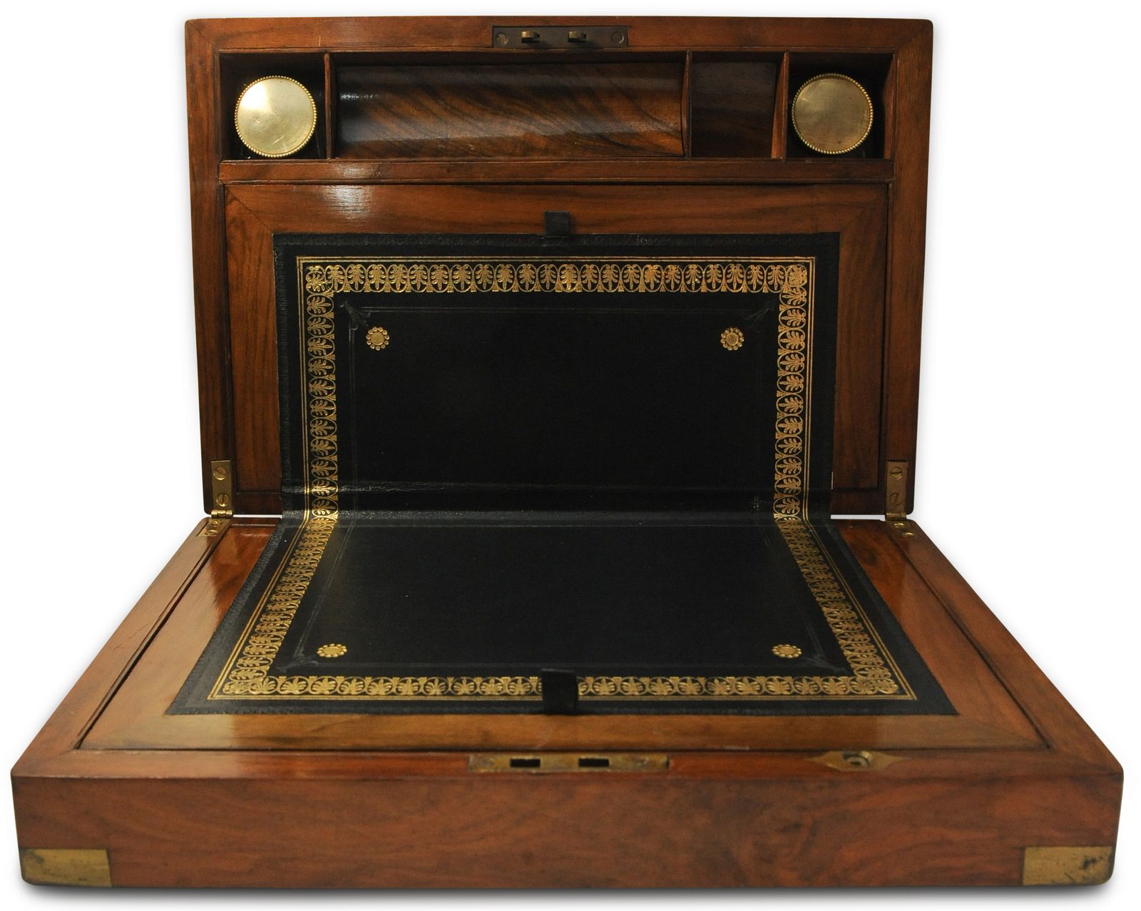 Exquisite Victorian Hand Crafted Burr Walnut Writing Slope With Black Tooled Leather Interior With Secret Compartment photo vinterior