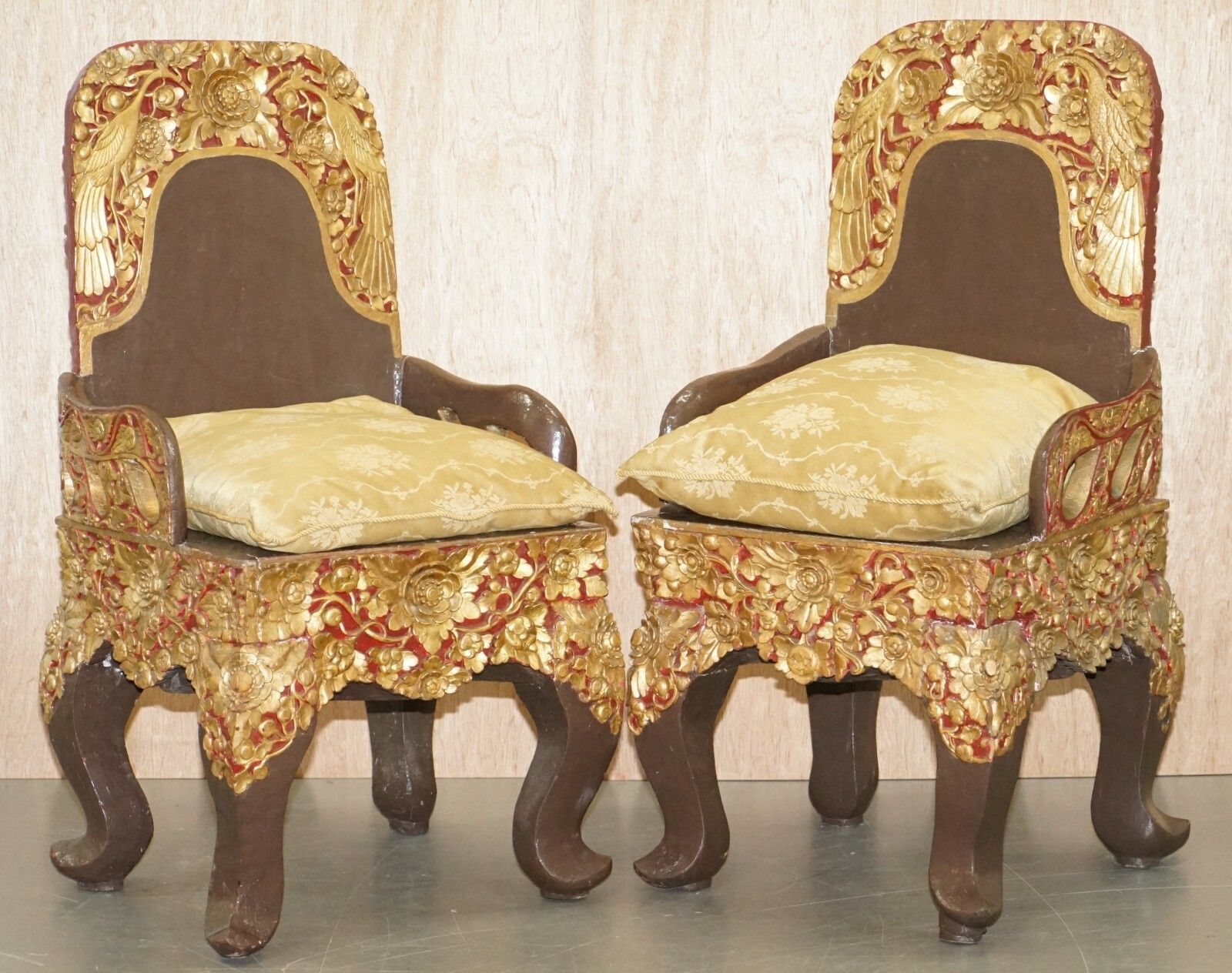 Rare Pair Of Circa 1900 Tibetan Ceremonial Chairs Nyingma Buddha Carved In Backs photo for sale