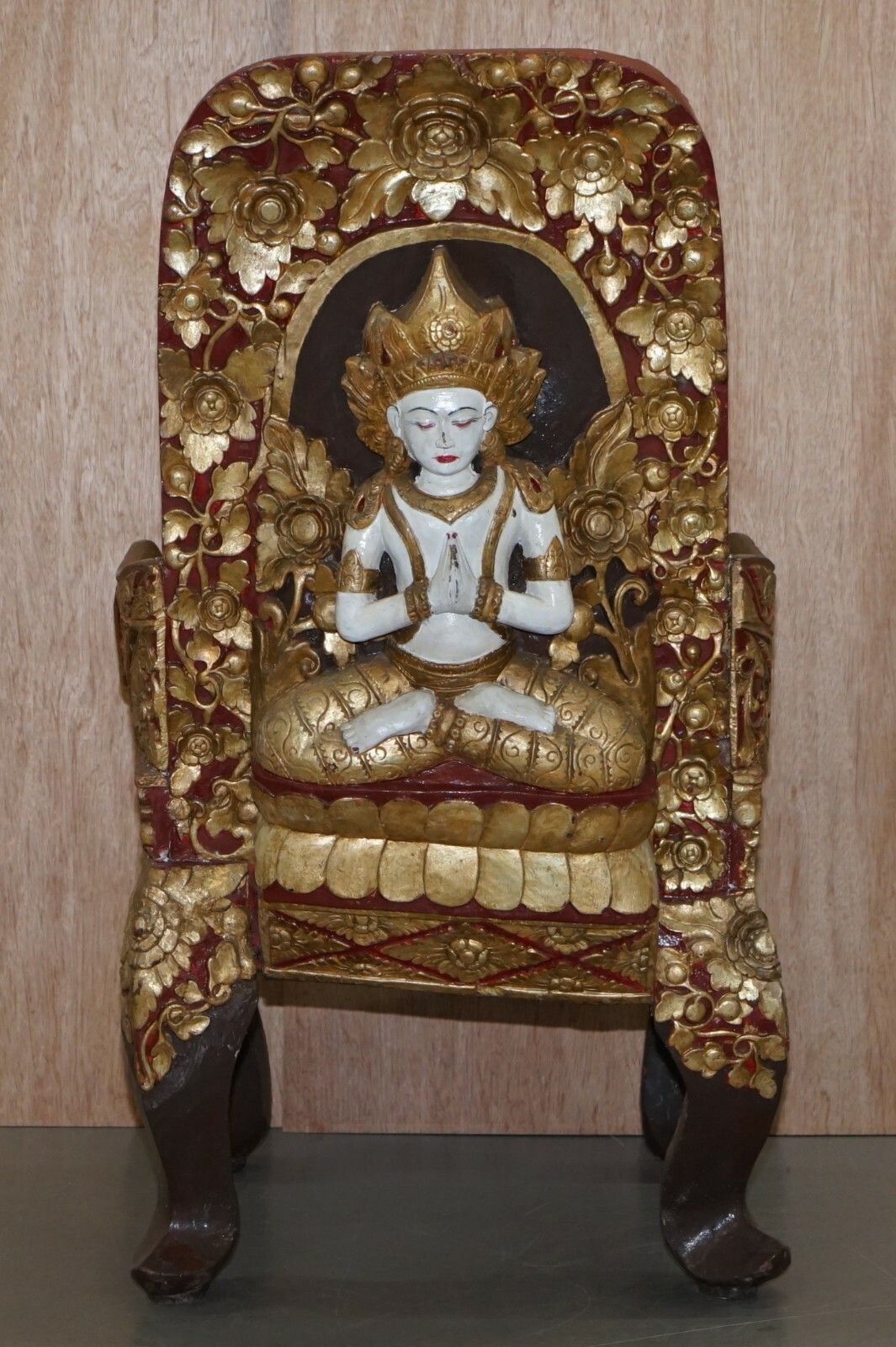 Furniture Rare Pair Of Circa 1900 Tibetan Ceremonial Chairs Nyingma Buddha Carved In Backs photo