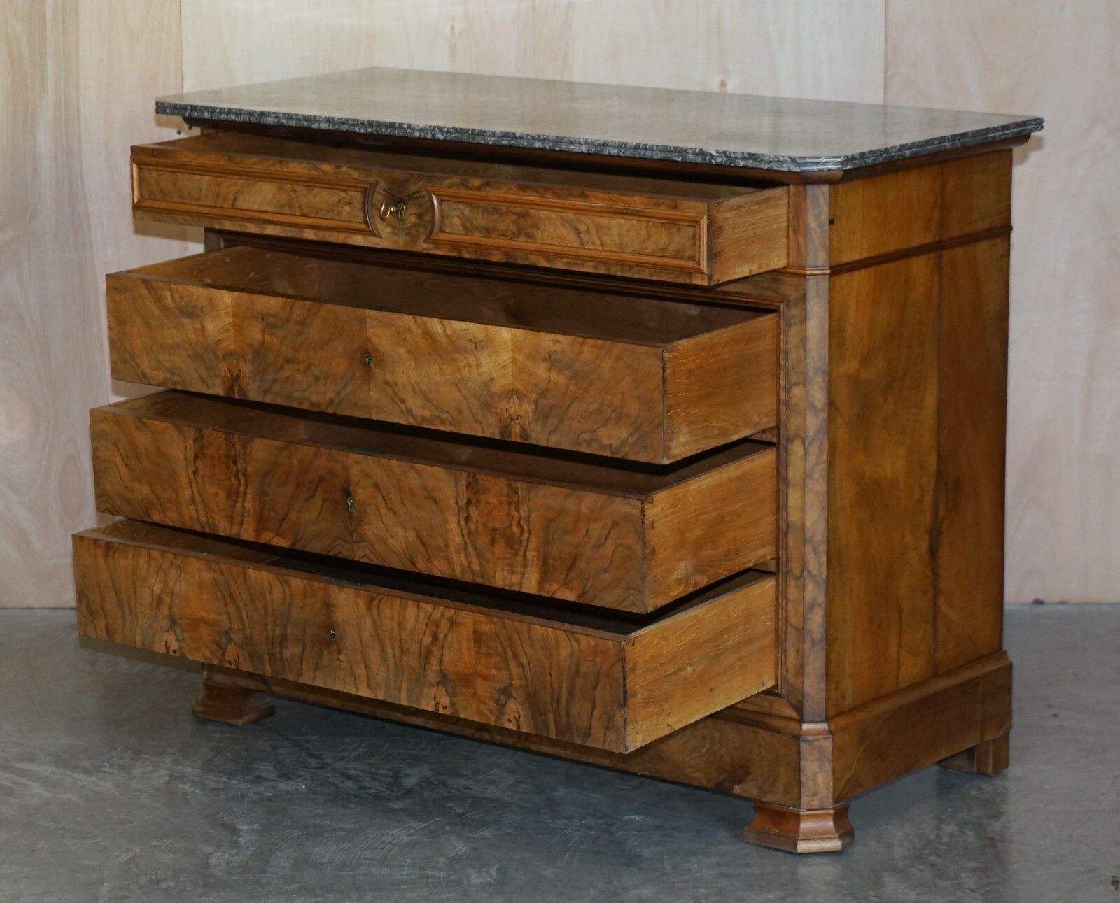 photo for sale Antique Circa 1860 Walnut & Marble Topped Chest Of Drawers With Original Key