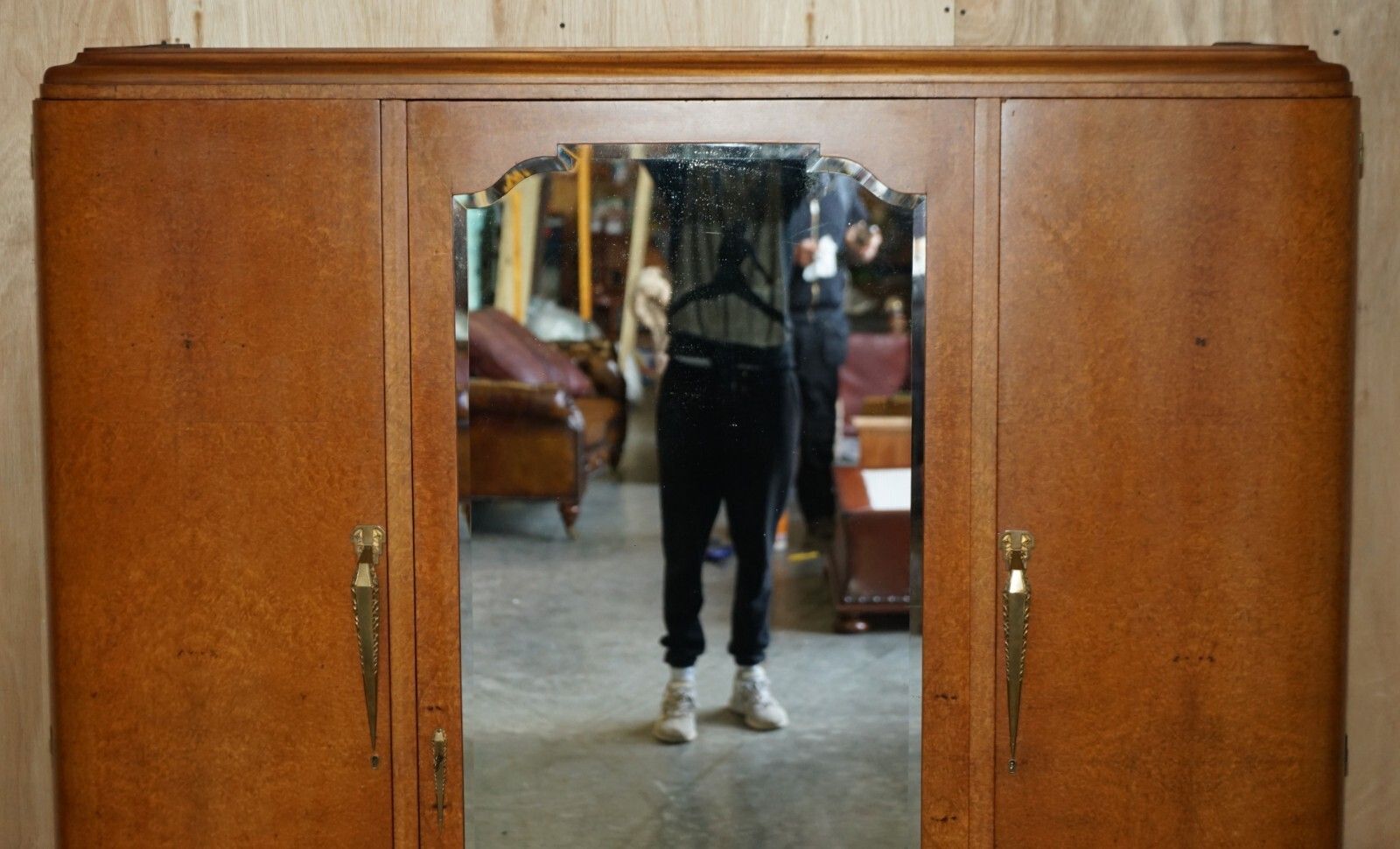 Antique Art Deco Burr Maple Triple Bank Circa 1920's Wardrobe Mirrored Door photo for sale