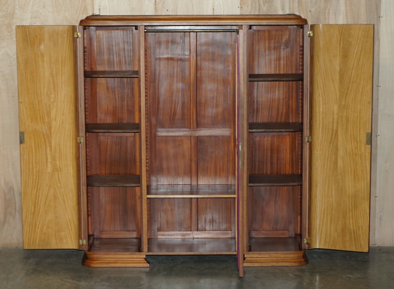 Antique Art Deco Burr Maple Triple Bank Circa 1920's Wardrobe Mirrored Door photo vintage