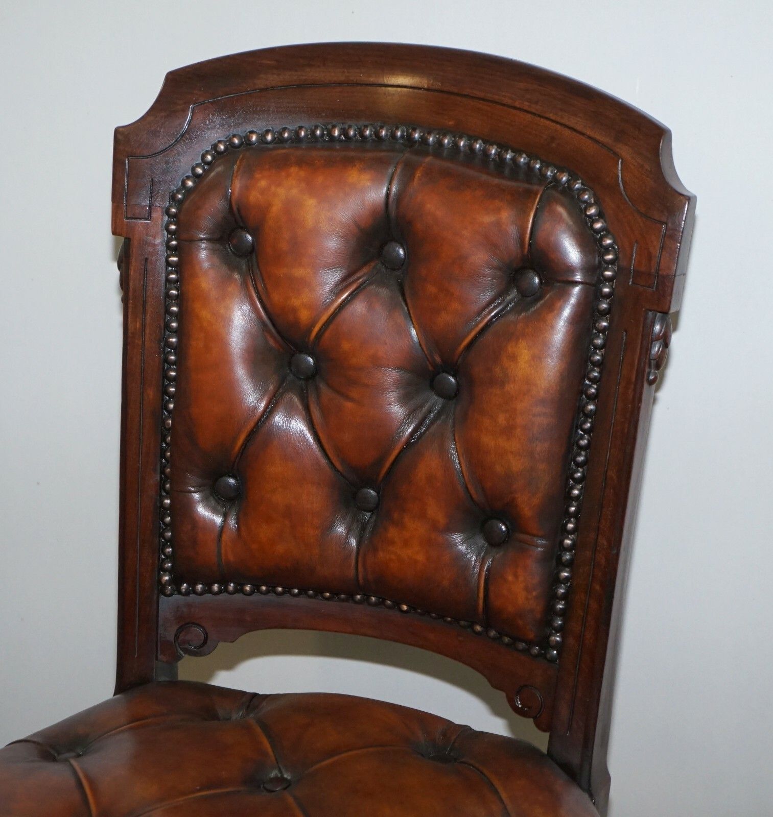 Fully Restored Suite Of Five Chesterfield Brown Leather & Mahogany Dining Chairs photo 3500.0