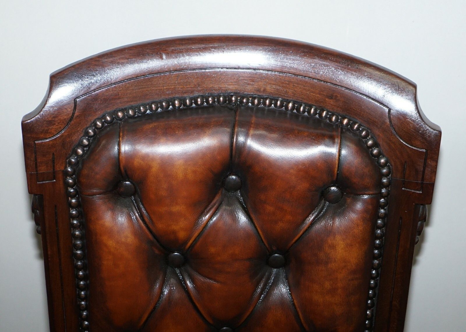 Fully Restored Suite Of Five Chesterfield Brown Leather & Mahogany Dining Chairs photo vinterior