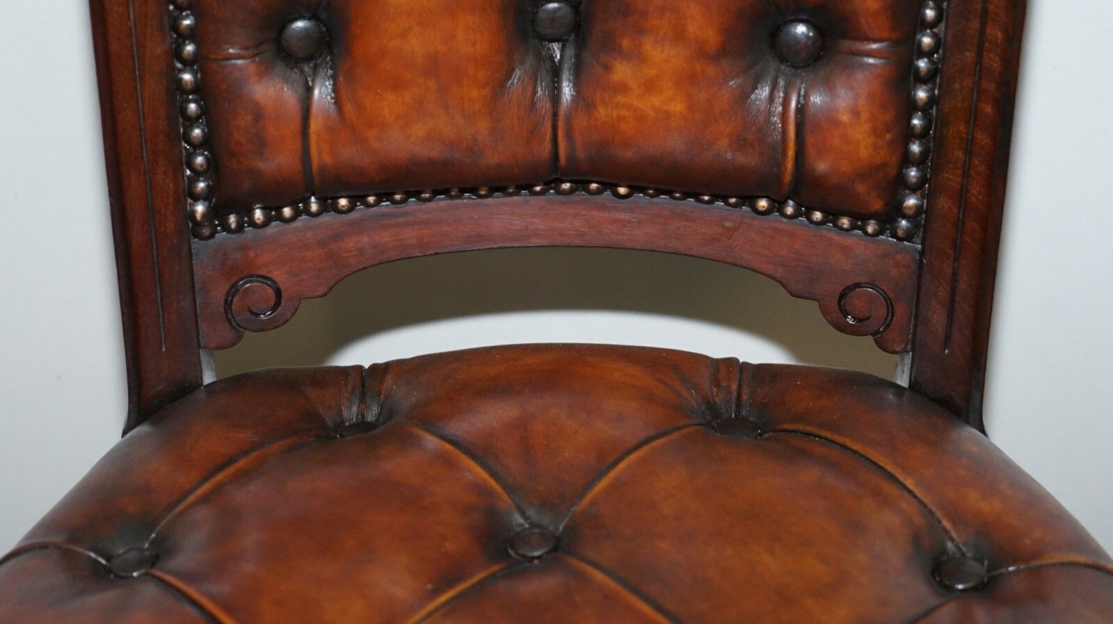 Fully Restored Suite Of Five Chesterfield Brown Leather & Mahogany Dining Chairs photo vintage