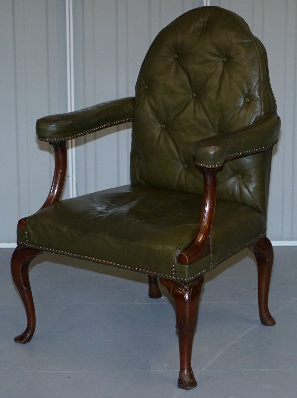 Circa 1800 Gothic Revival Georgian Irish Chesterfield Leather Carver Armchair photo for sale