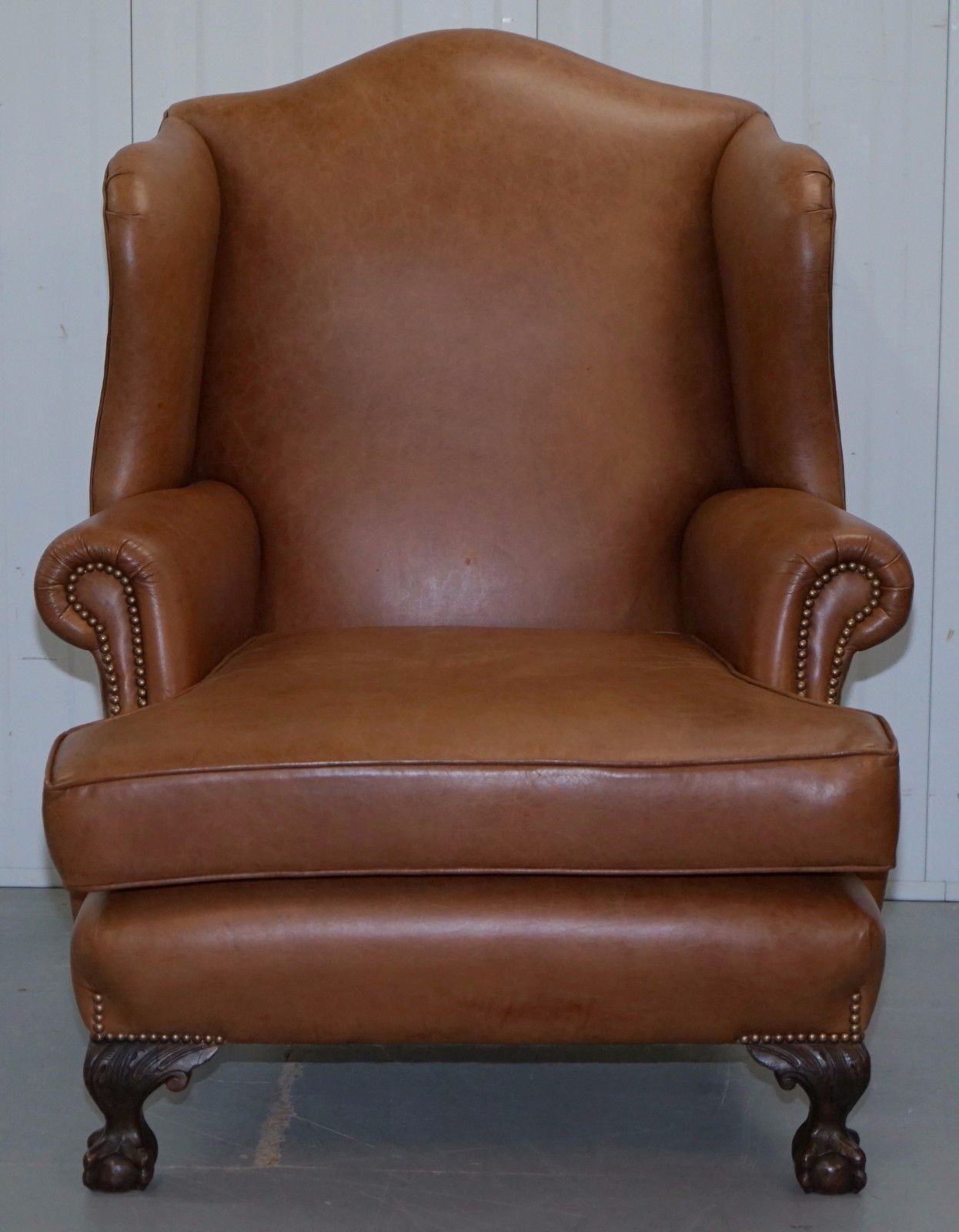 Pair Of Restored Brown Leather Circa 1860 Wingback Armchairs Claw & Ball Feet photo for sale