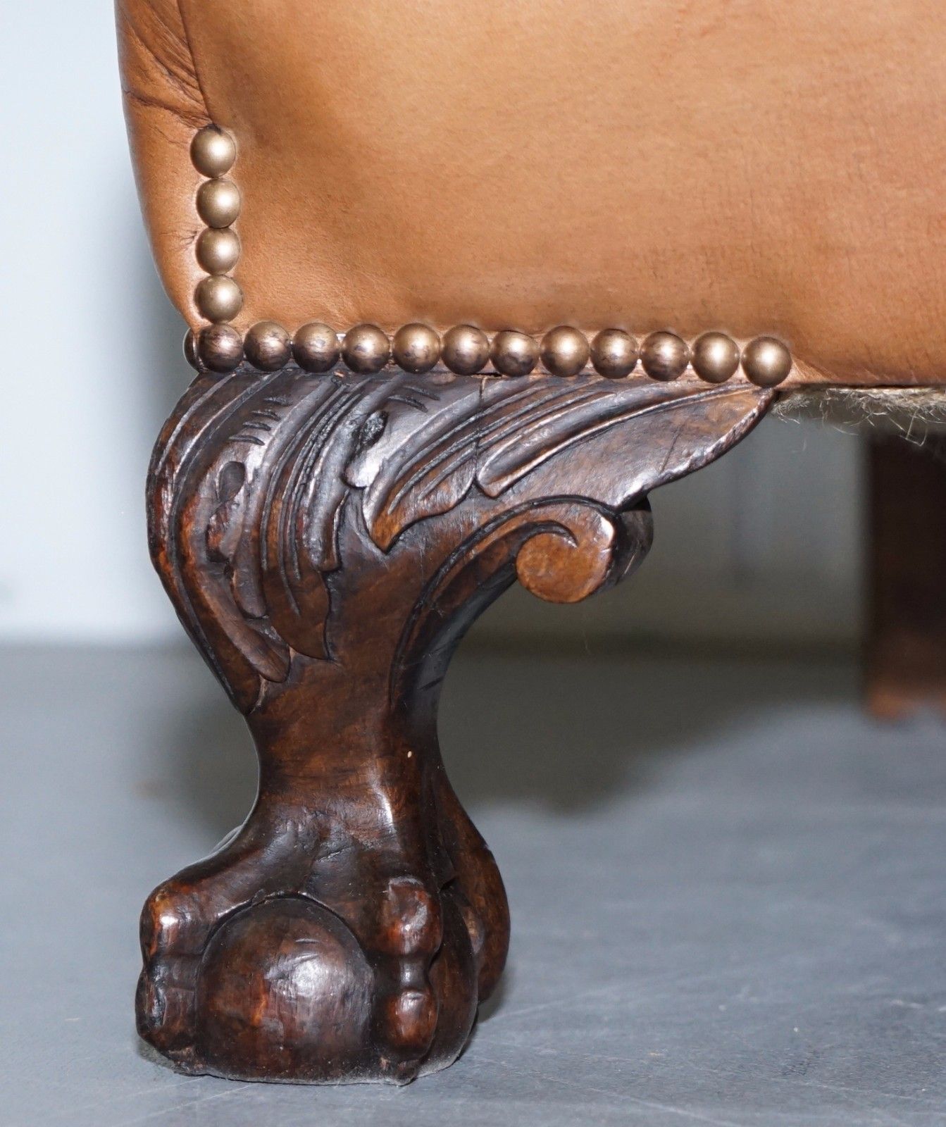 Pair Of Restored Brown Leather Circa 1860 Wingback Armchairs Claw & Ball Feet photo vinterior
