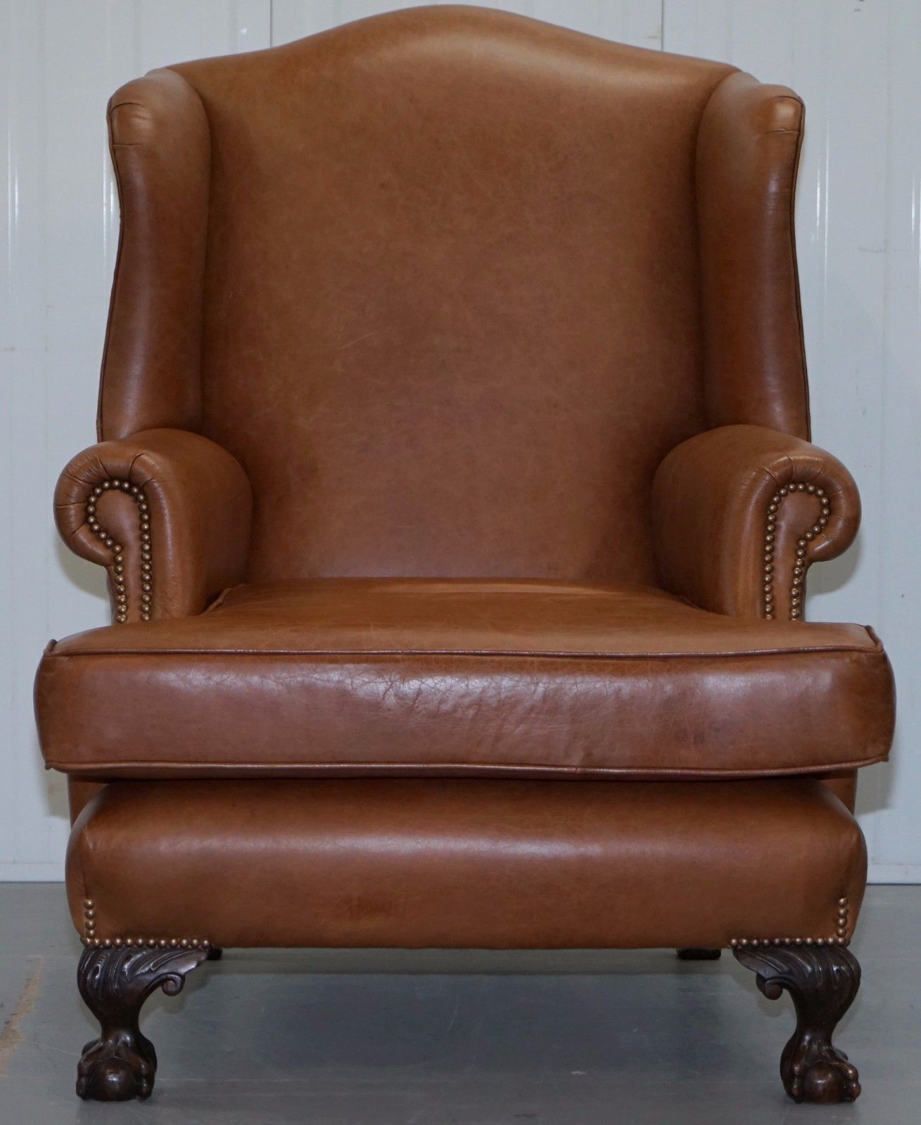 photo for sale Pair Of Restored Brown Leather Circa 1860 Wingback Armchairs Claw & Ball Feet