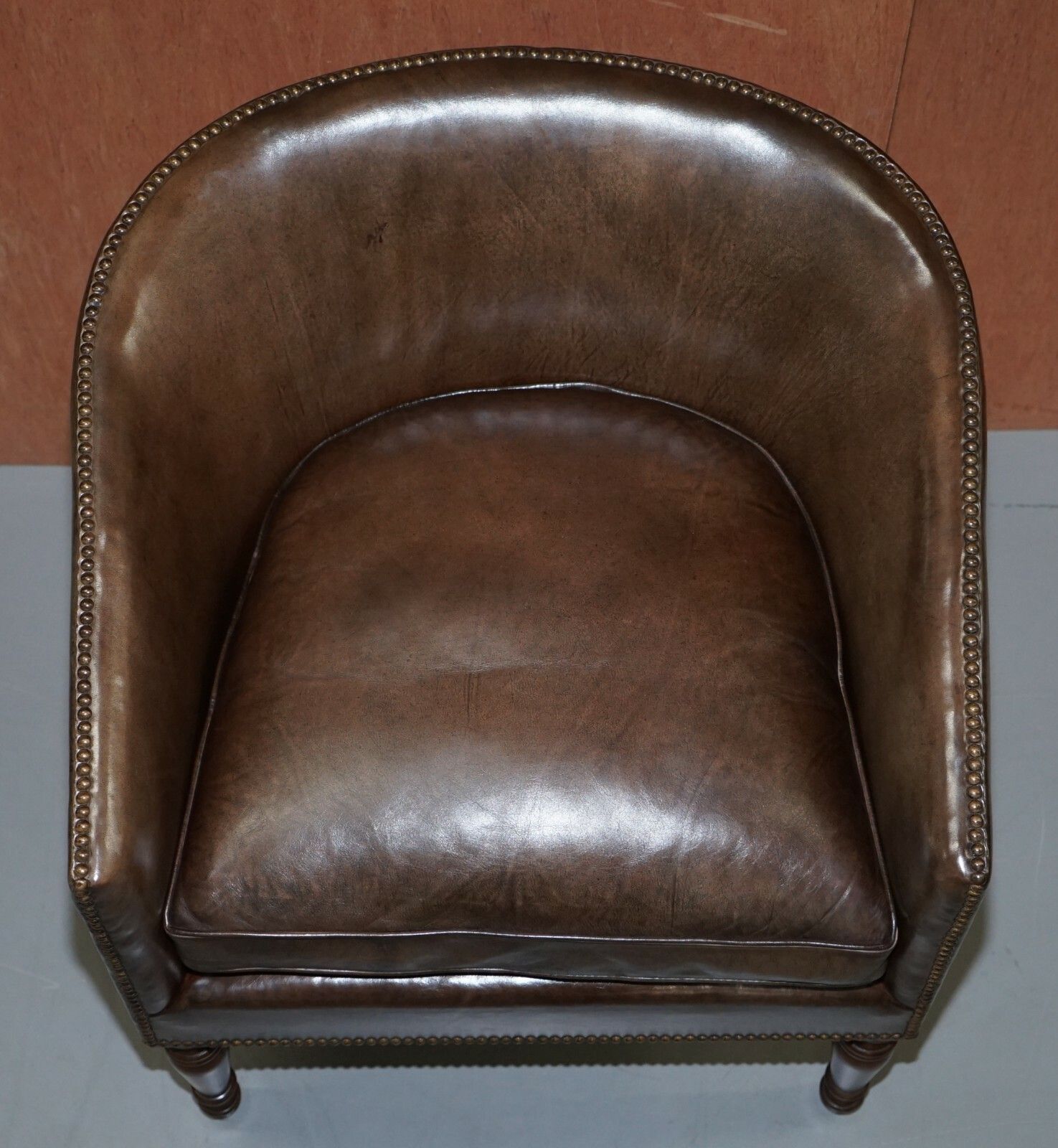 Pair Of Sublime Hand Dyed Barrel Back Tub Armchairs In Brown Leather Comfortable photo Furniture