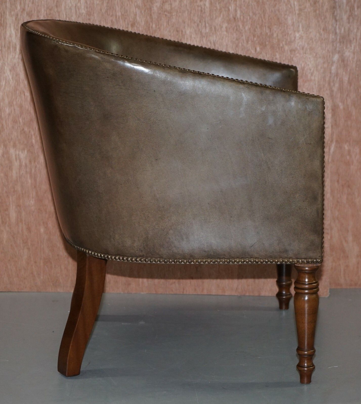 Pair Of Sublime Hand Dyed Barrel Back Tub Armchairs In Brown Leather Comfortable photo buy