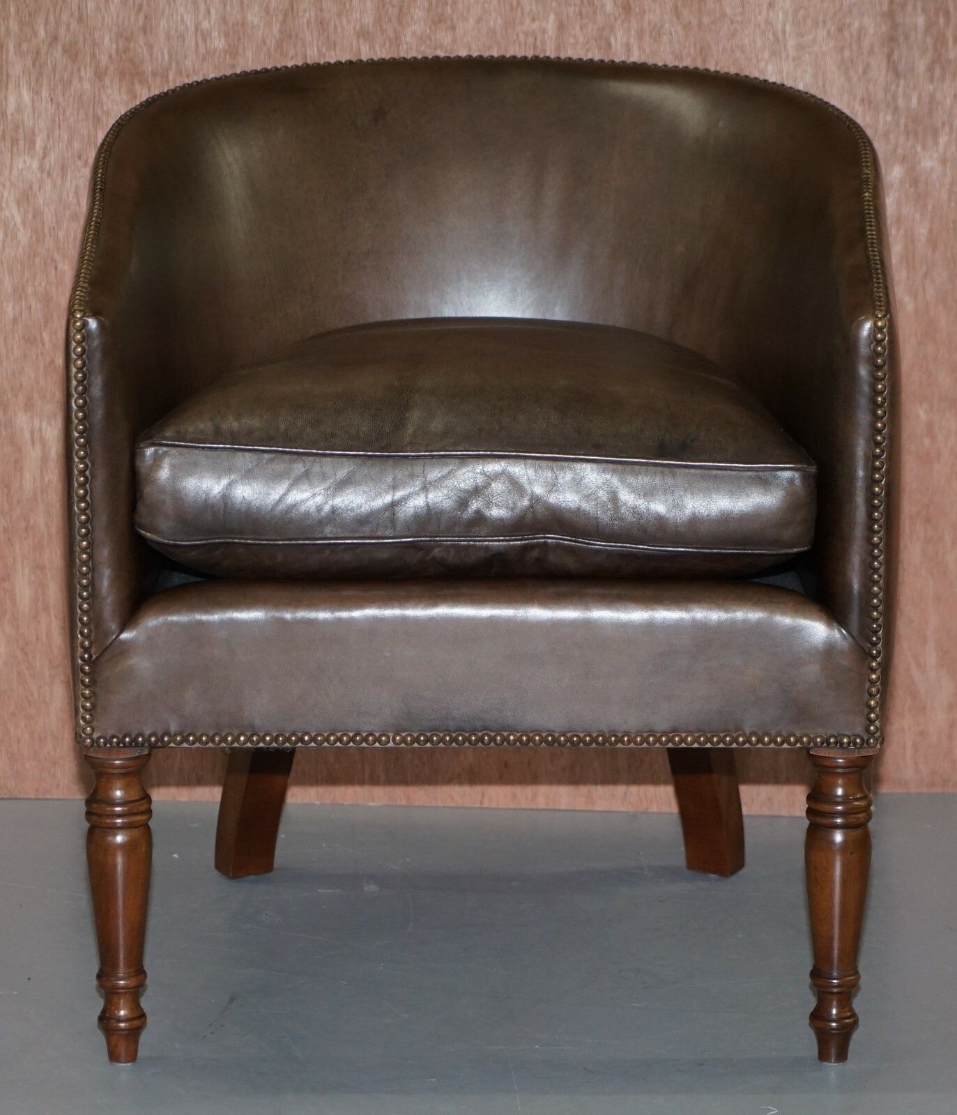 photo for sale Pair Of Sublime Hand Dyed Barrel Back Tub Armchairs In Brown Leather Comfortable